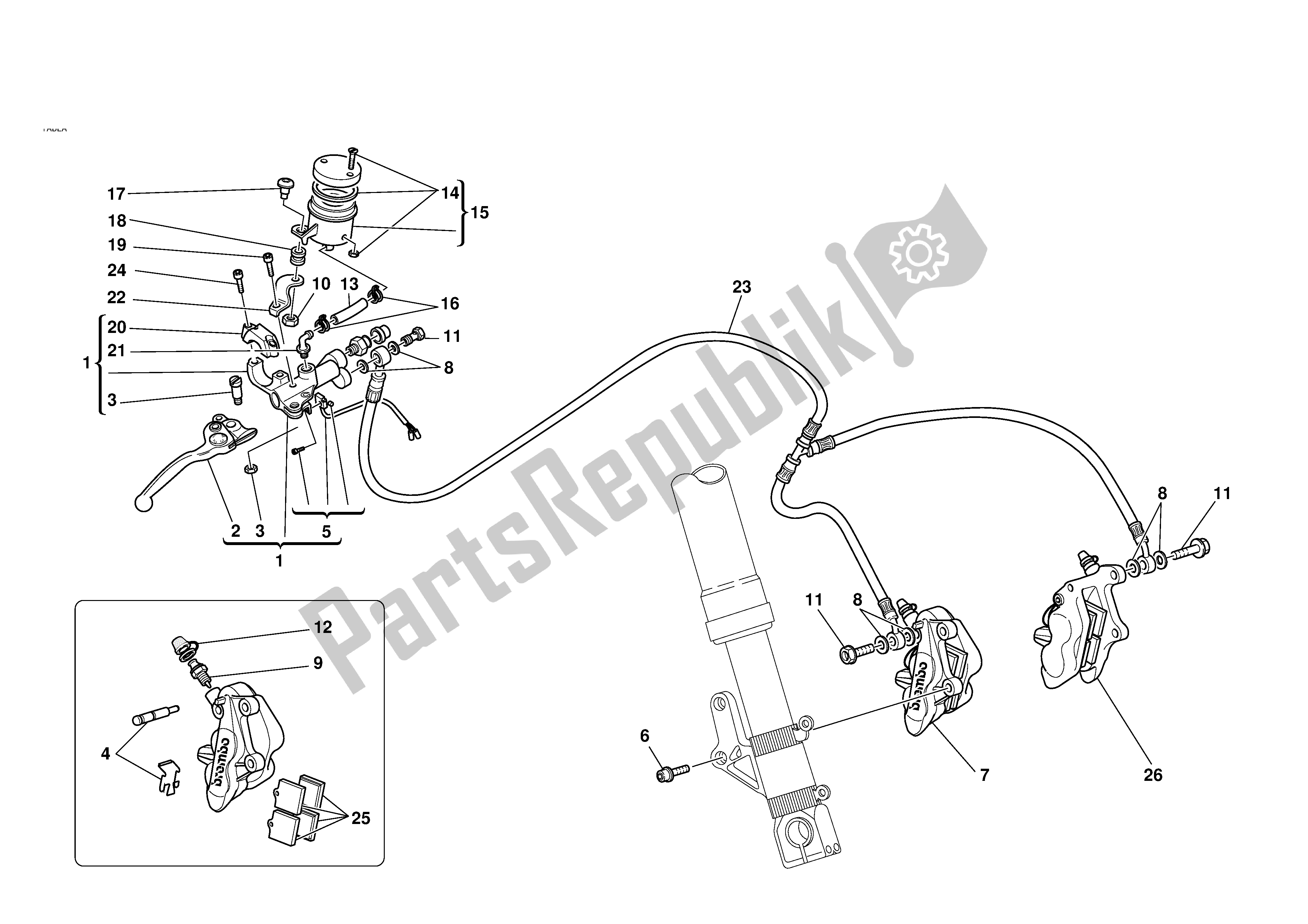 Alle onderdelen voor de Hydraulische Rem Vooraan van de Ducati 998R 2002