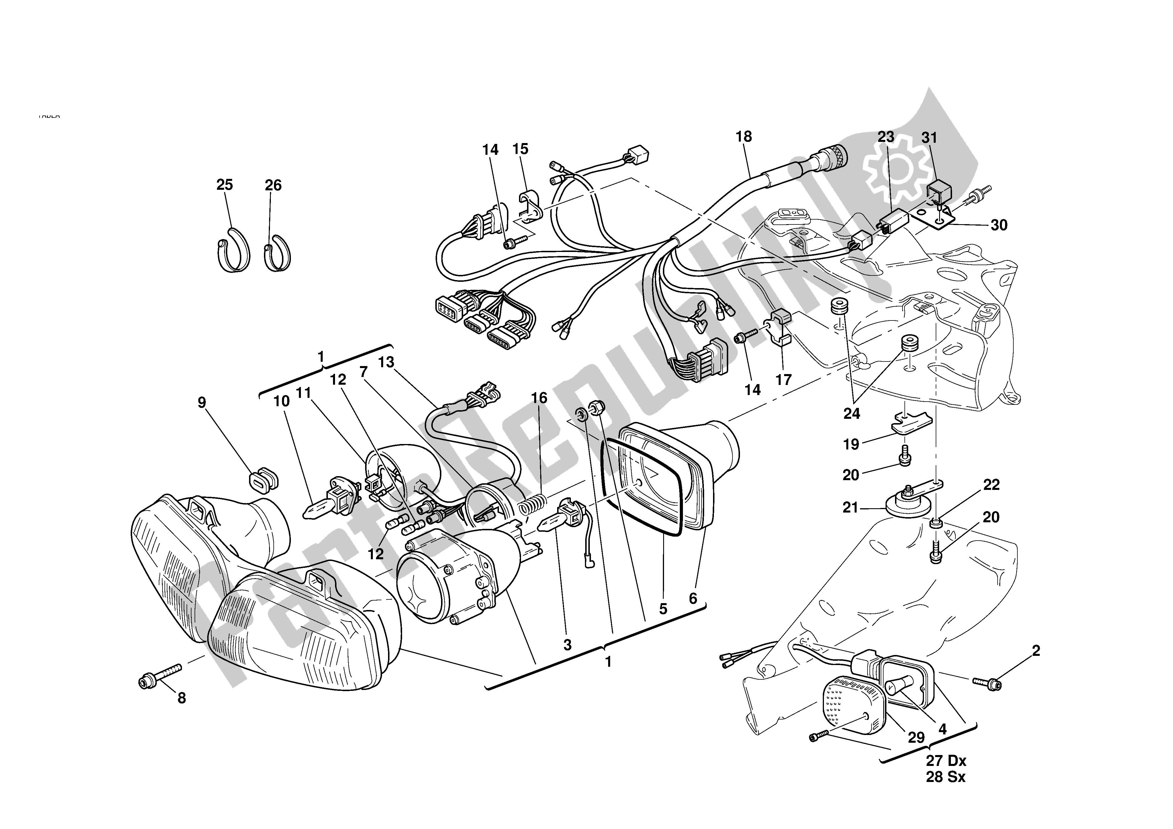 Alle onderdelen voor de Koplamp Vooraan van de Ducati 998R 2002