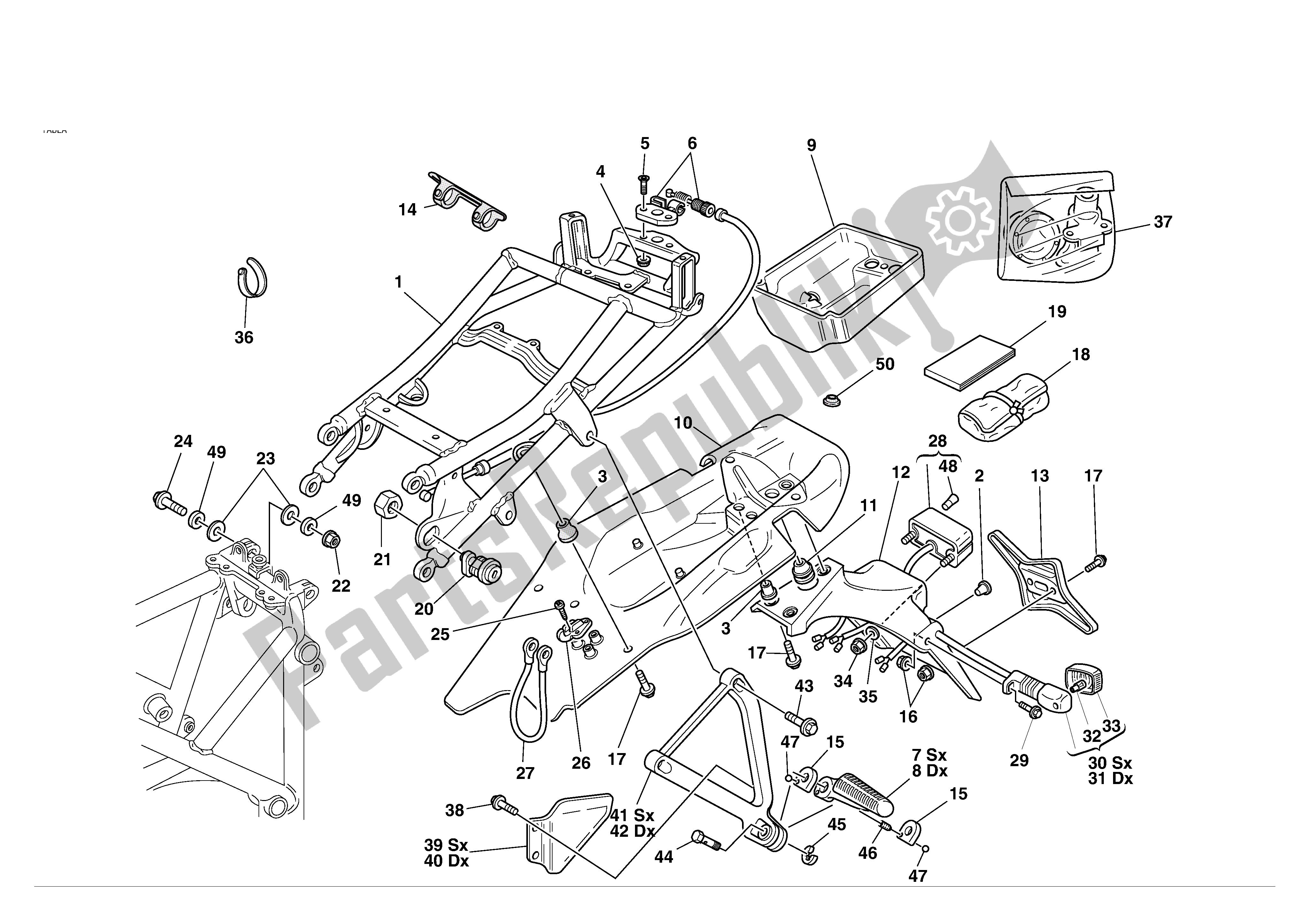 Alle onderdelen voor de Achterste Frame-achterste Voetsteunen van de Ducati 998S 2002