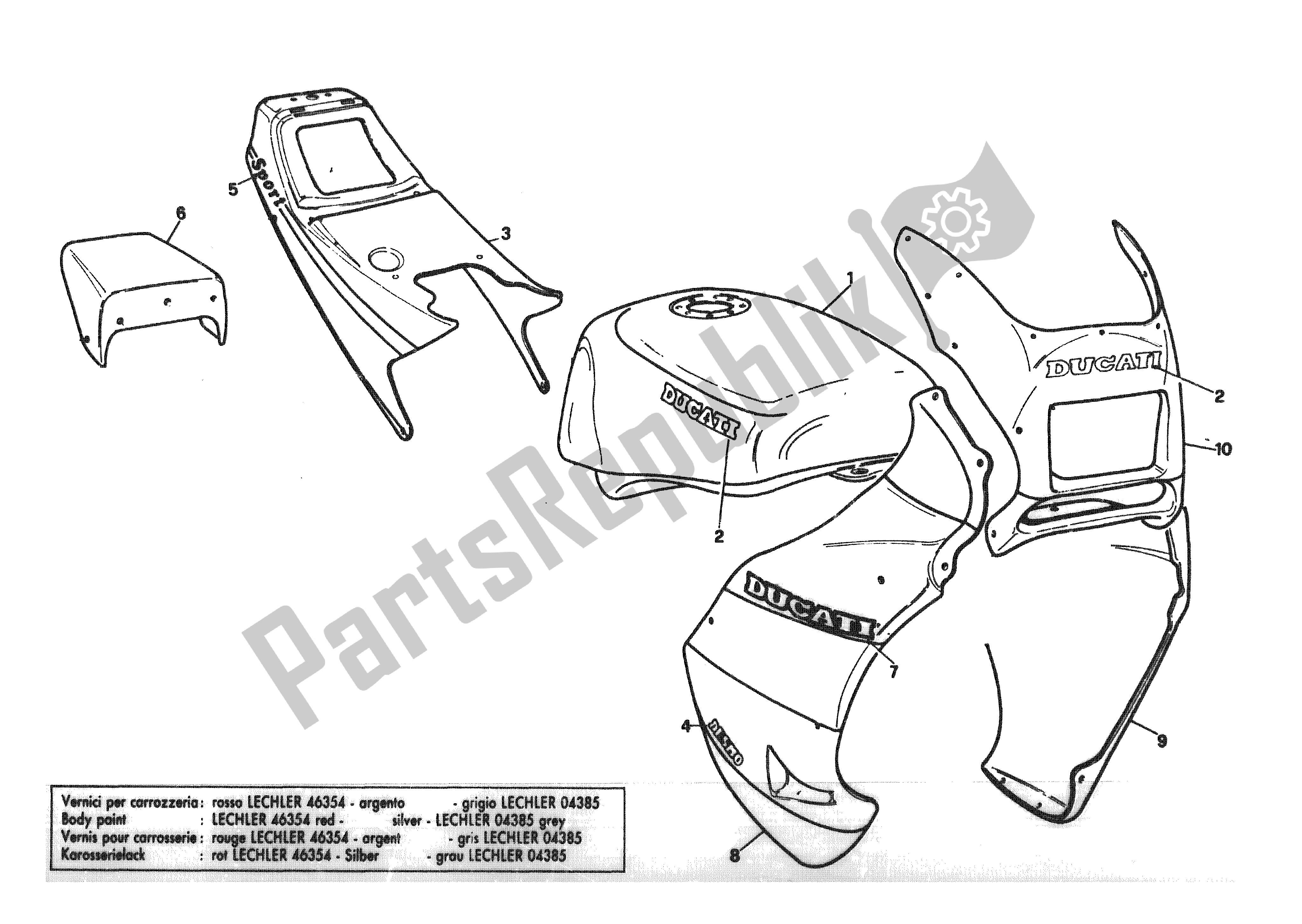 Tutte le parti per il Carenatura R0sso - Argento del Ducati 750 Sport 1988