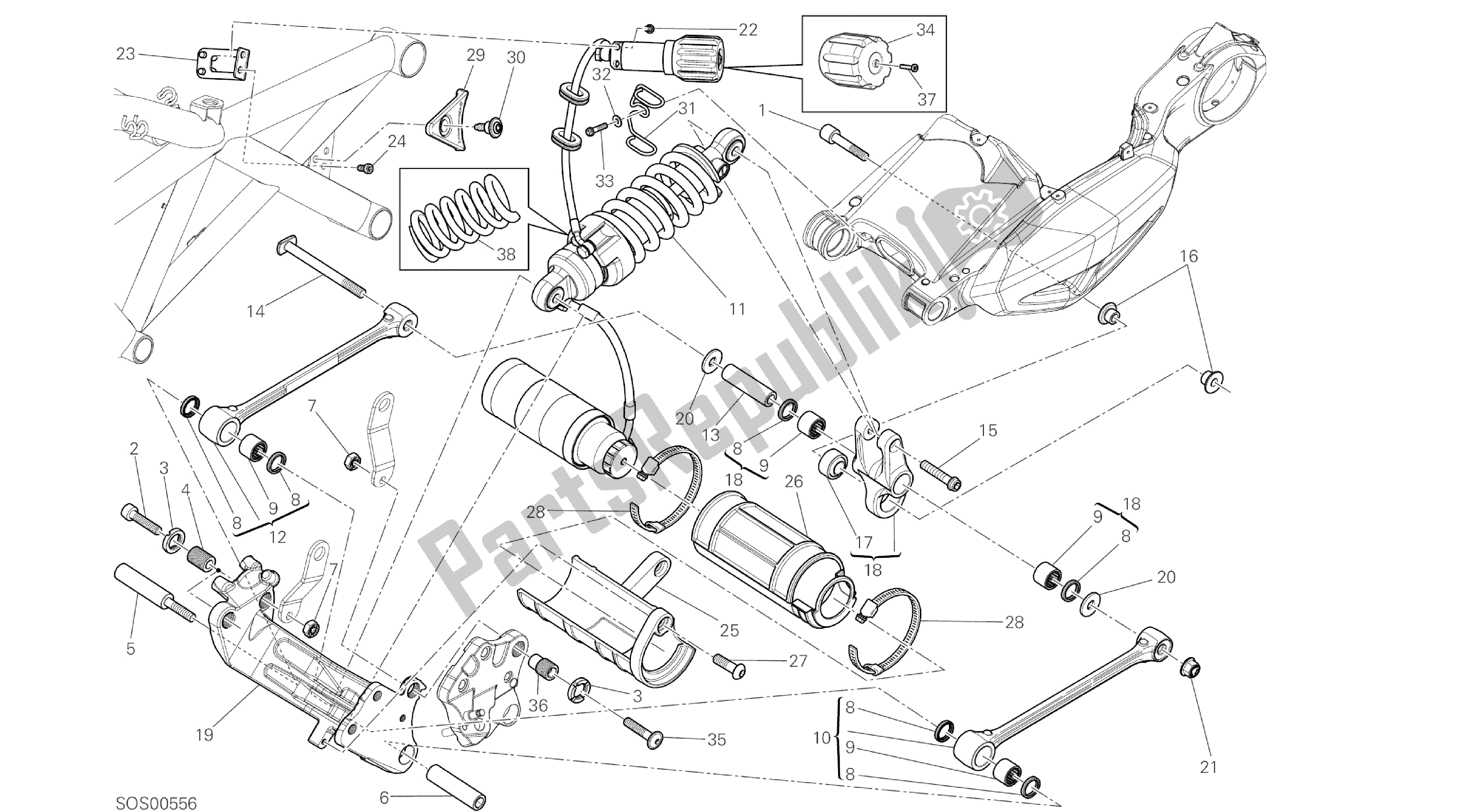 Todas las partes para Dibujo 028 - Bastidor Del Grupo Amortiguador Trasero [mod: Dvl] de Ducati Diavel 1200 2016