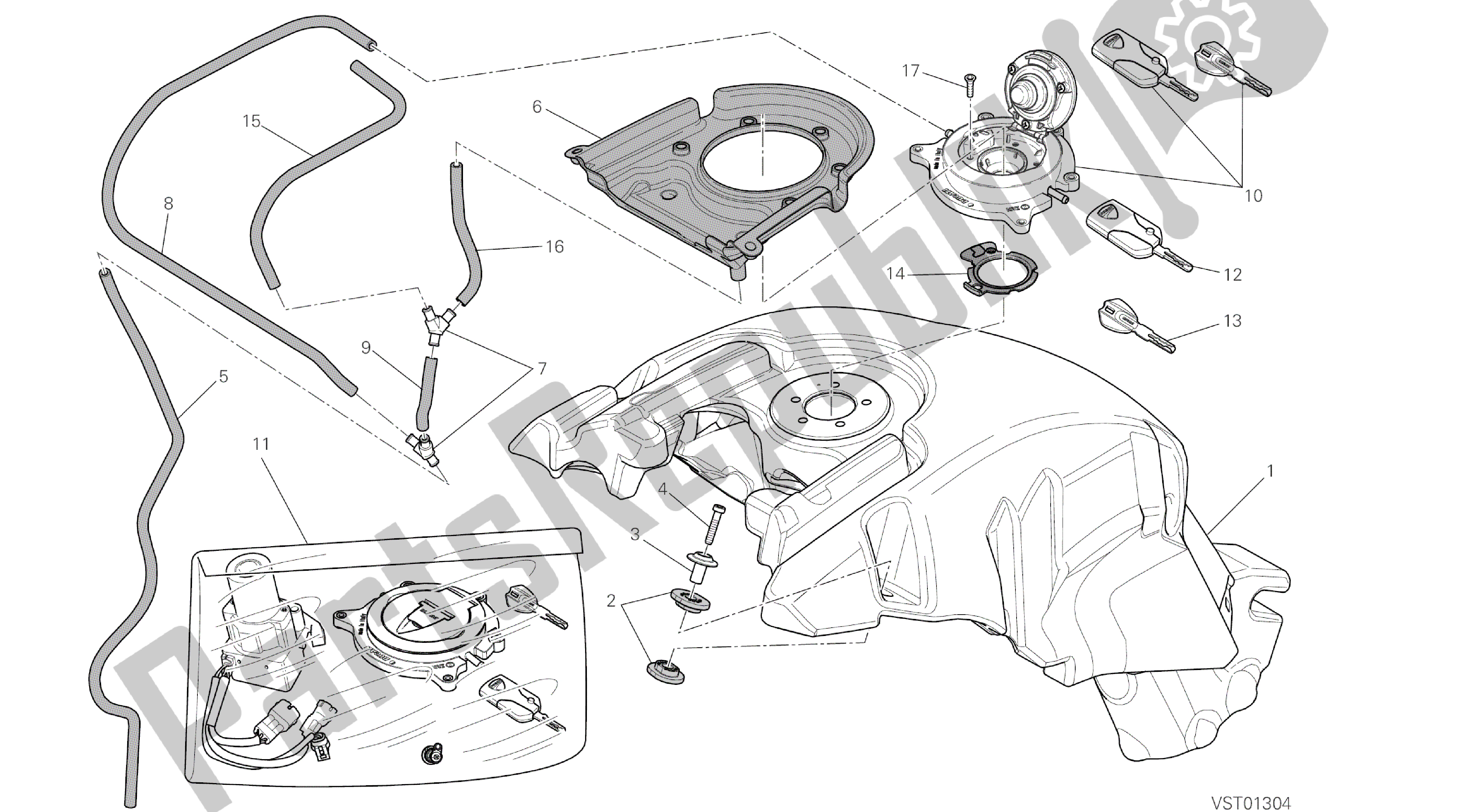 Todas las partes para Dibujo 032 - Tanque De Combustible [mod: Dvl; Xst: Marco De Grupo Aus, Eur, Fra, Jap, Tha] de Ducati Diavel 1200 2016