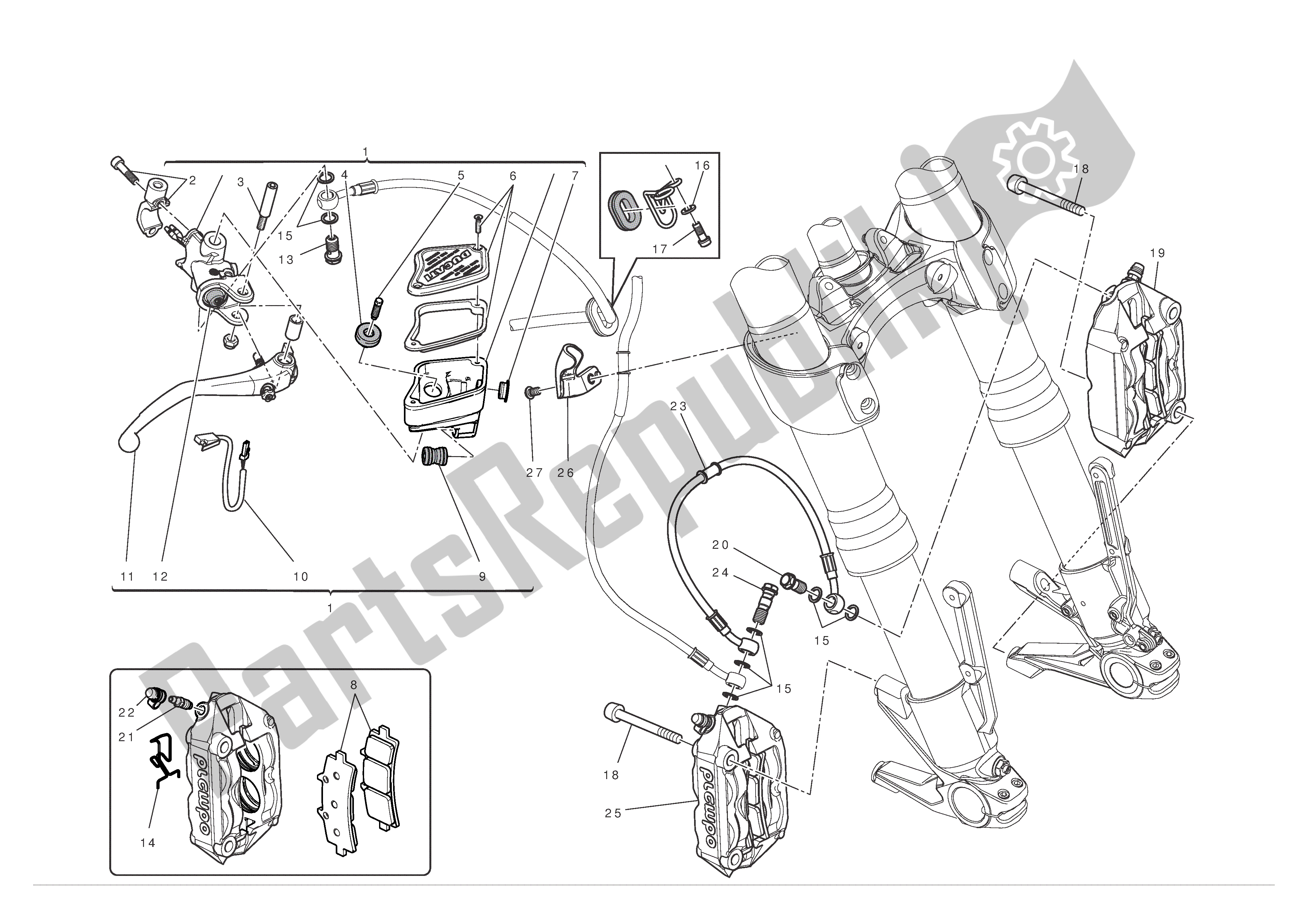 Alle onderdelen voor de Voor Rem van de Ducati Diavel 1200 2012