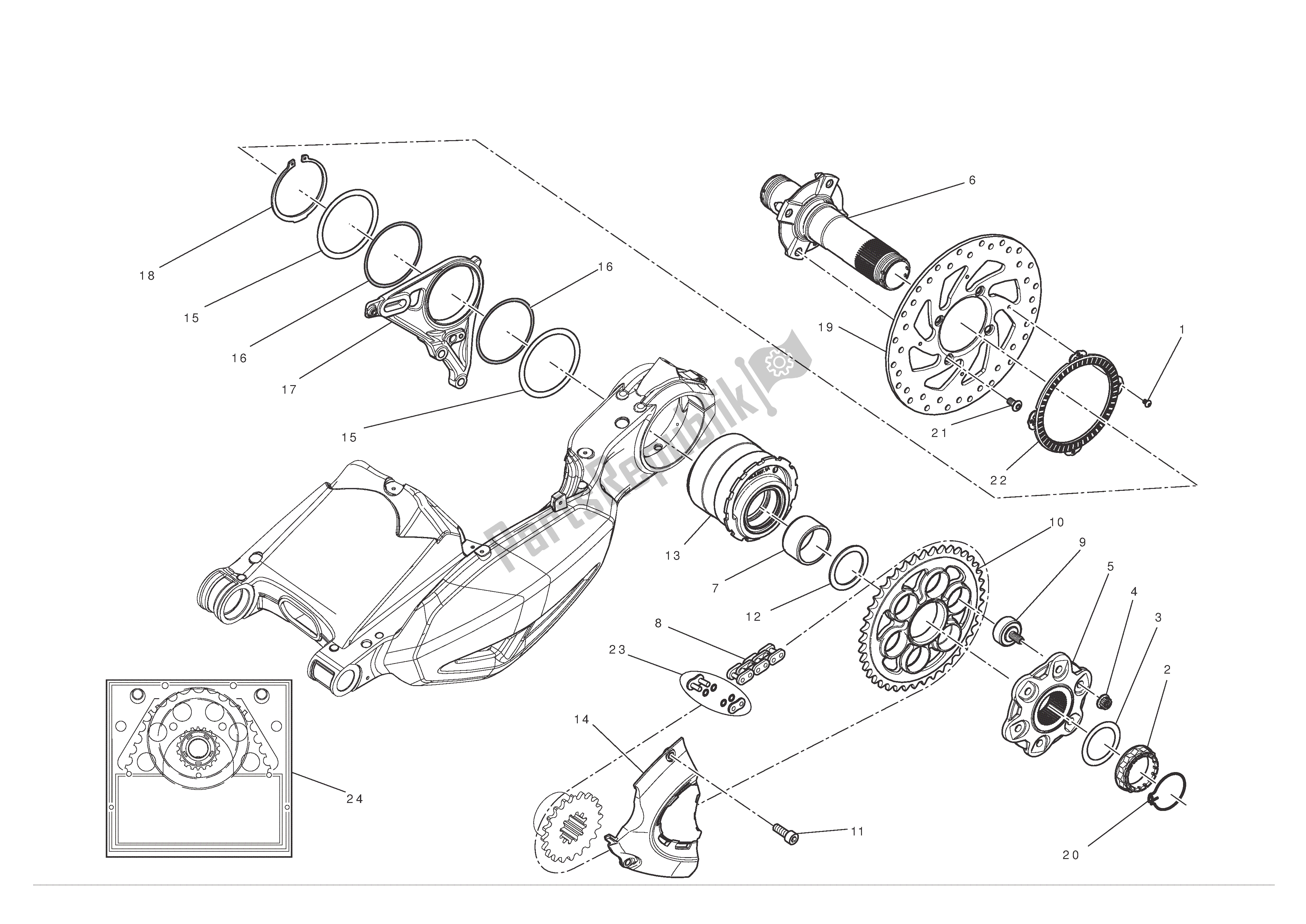 Alle onderdelen voor de Achterwielas van de Ducati Diavel 1200 2012