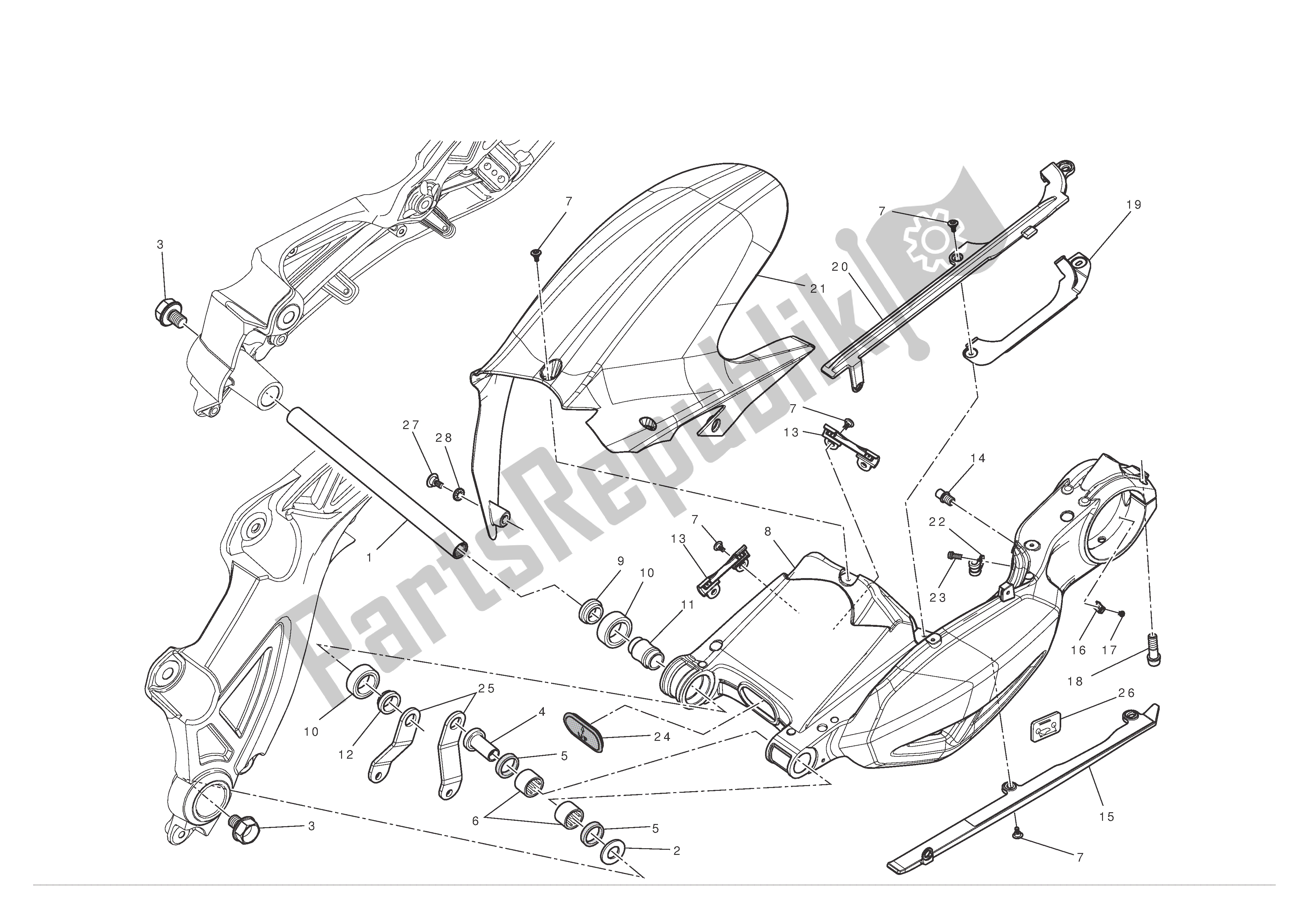 Alle onderdelen voor de Achterbrug van de Ducati Diavel 1200 2012