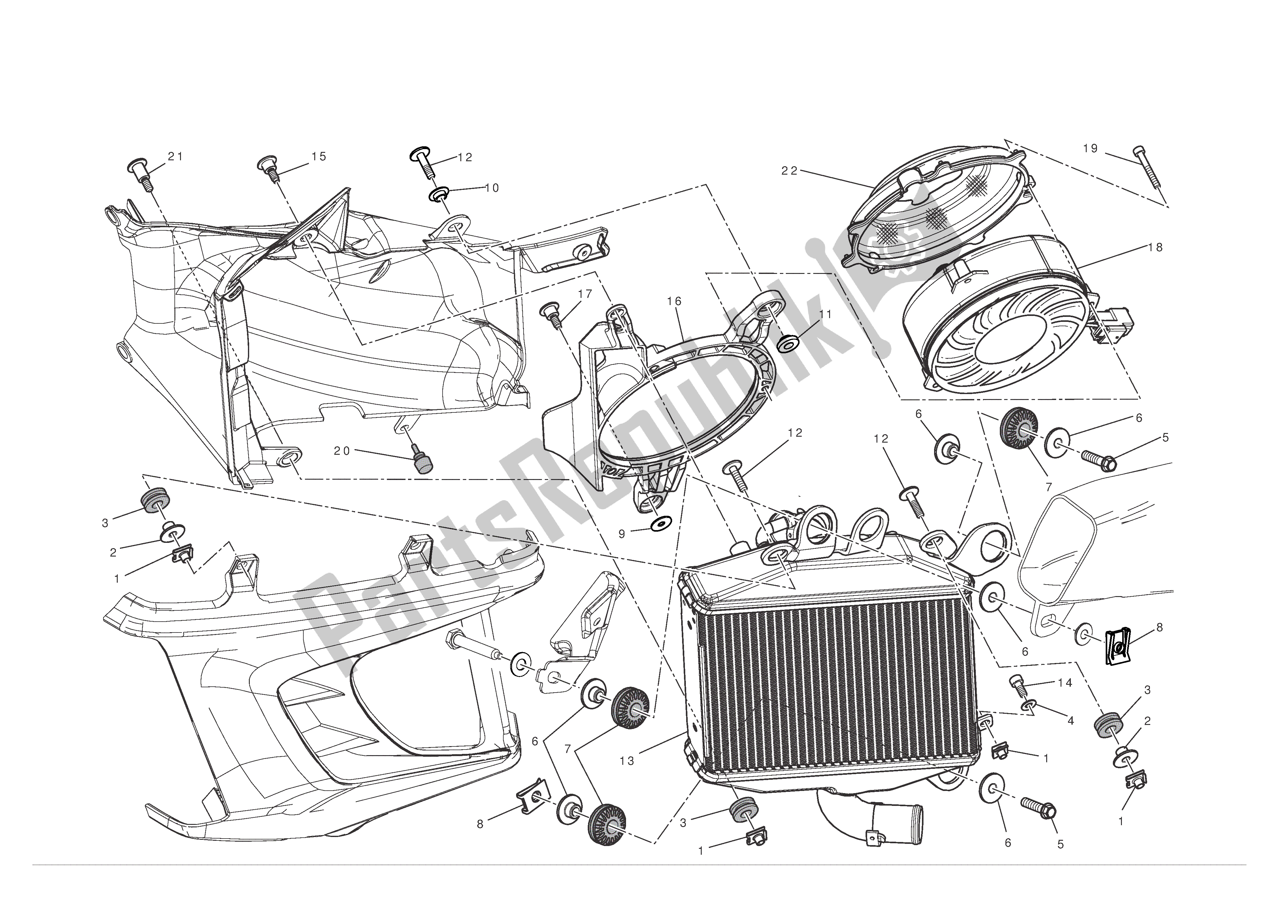 Alle onderdelen voor de Radiator (links) van de Ducati Diavel 1200 2012