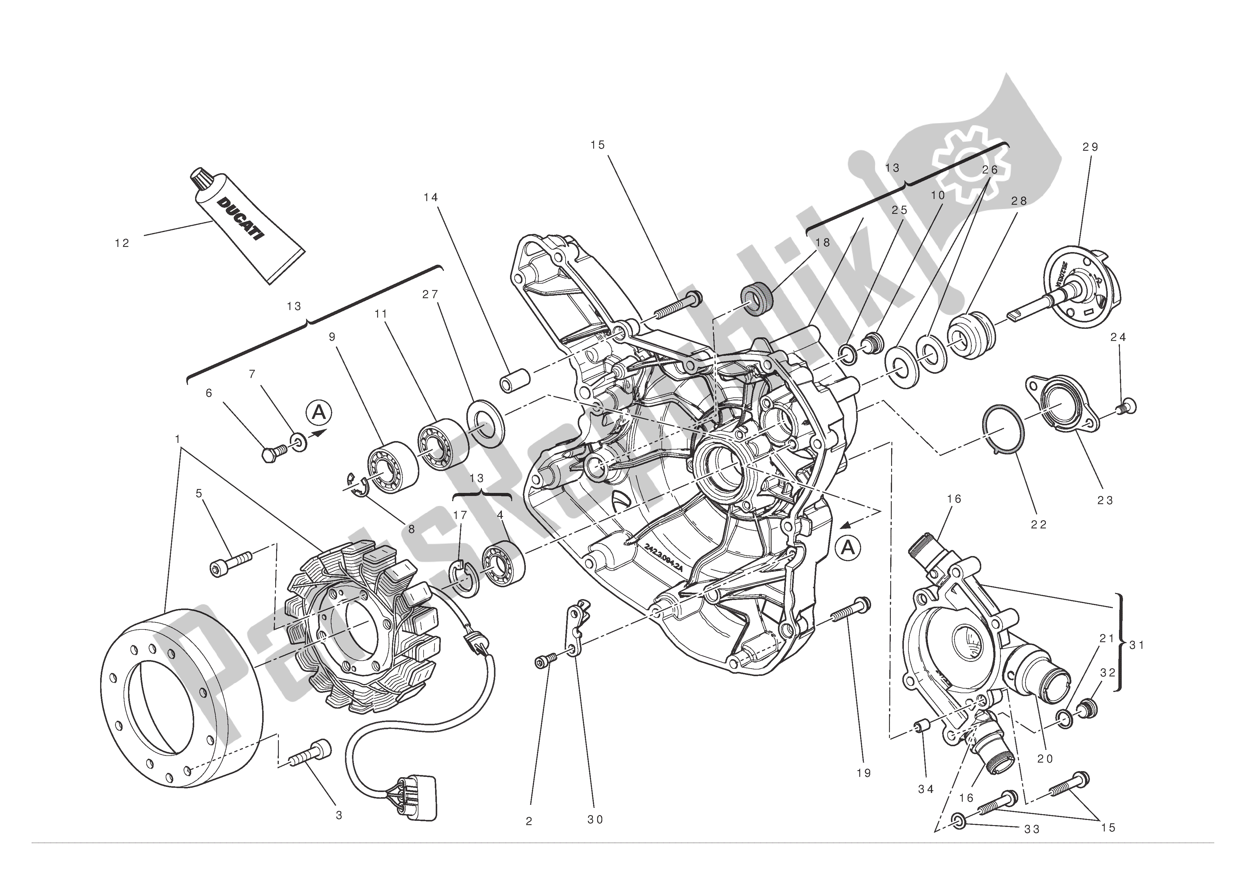 Alle onderdelen voor de Waterpomp-alt-zijde Carterdeksel van de Ducati Diavel 1200 2012