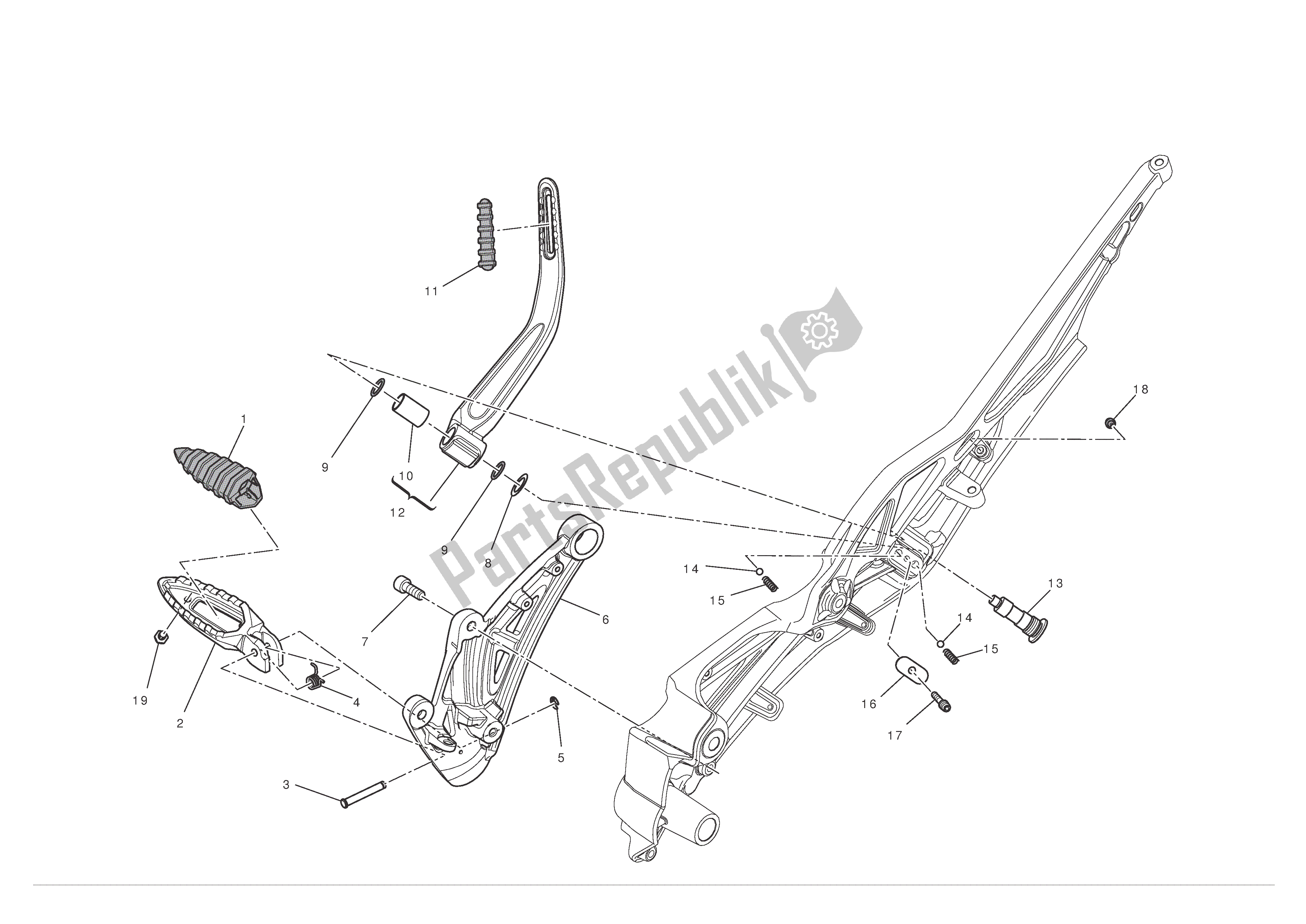 Alle onderdelen voor de R. H. Voetsteunen van de Ducati Diavel 1200 2012