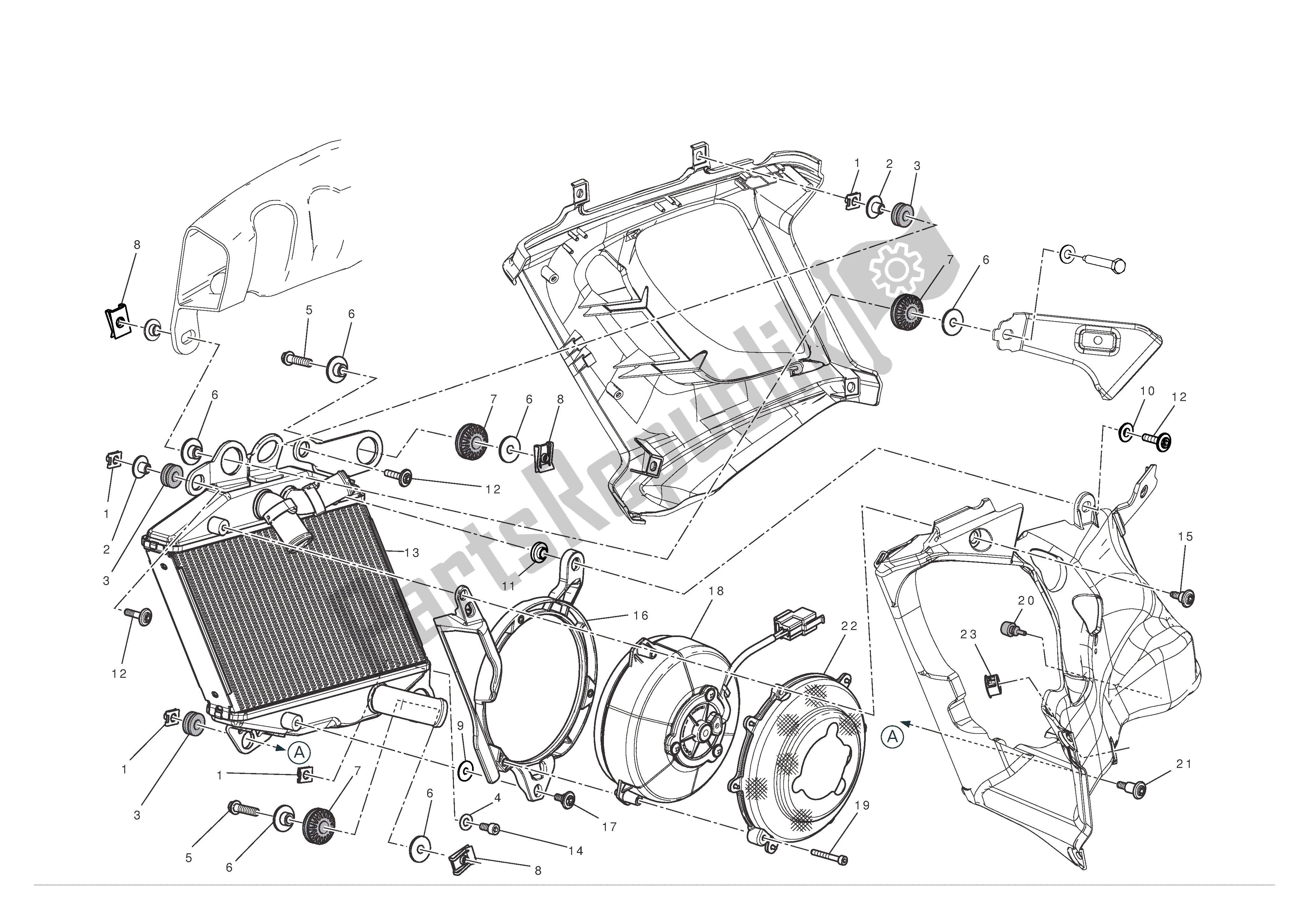 Tutte le parti per il Radiatore (a Destra) del Ducati Diavel 1200 2012