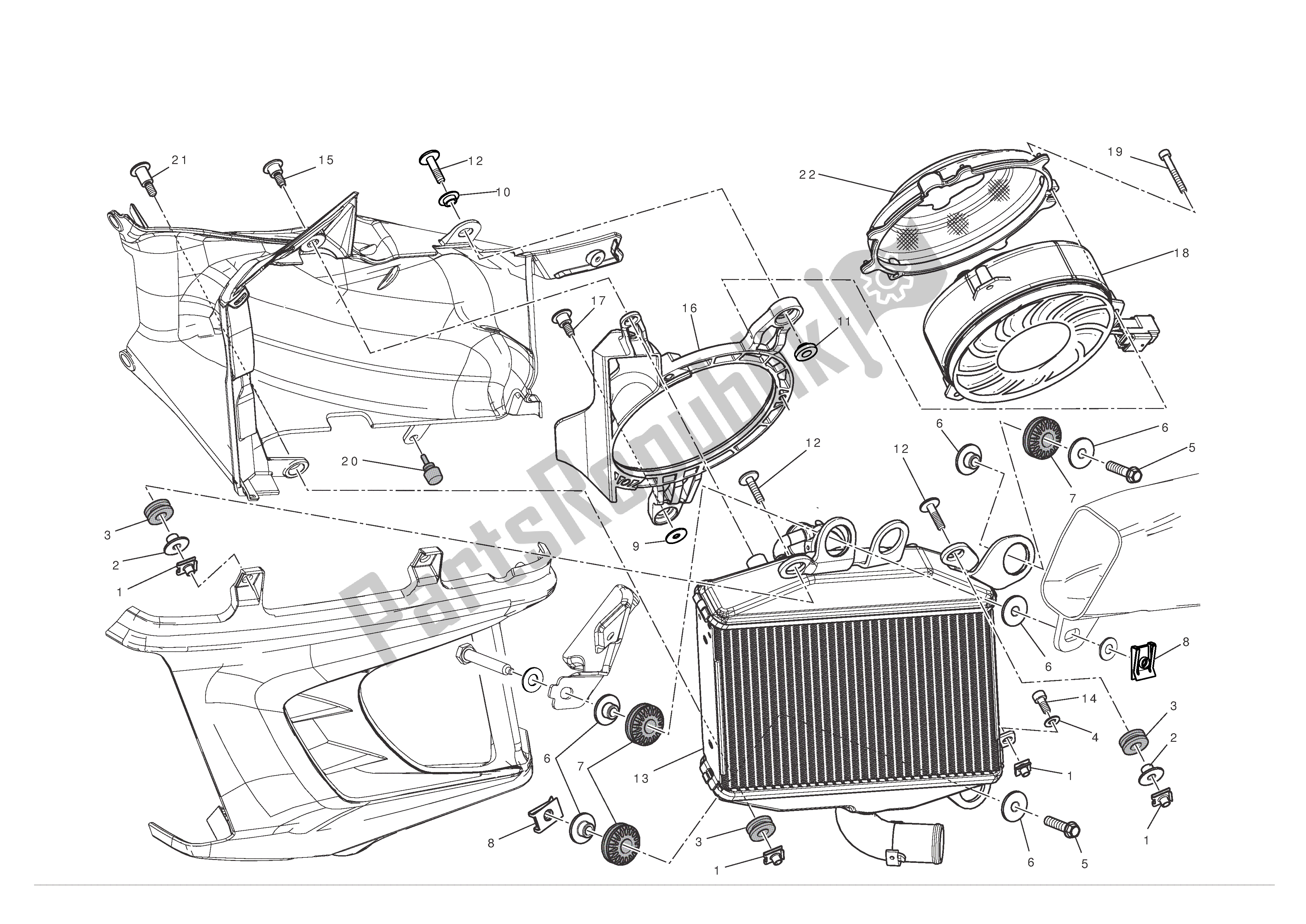 Tutte le parti per il Radiatore (a Sinistra) del Ducati Diavel 1200 2012