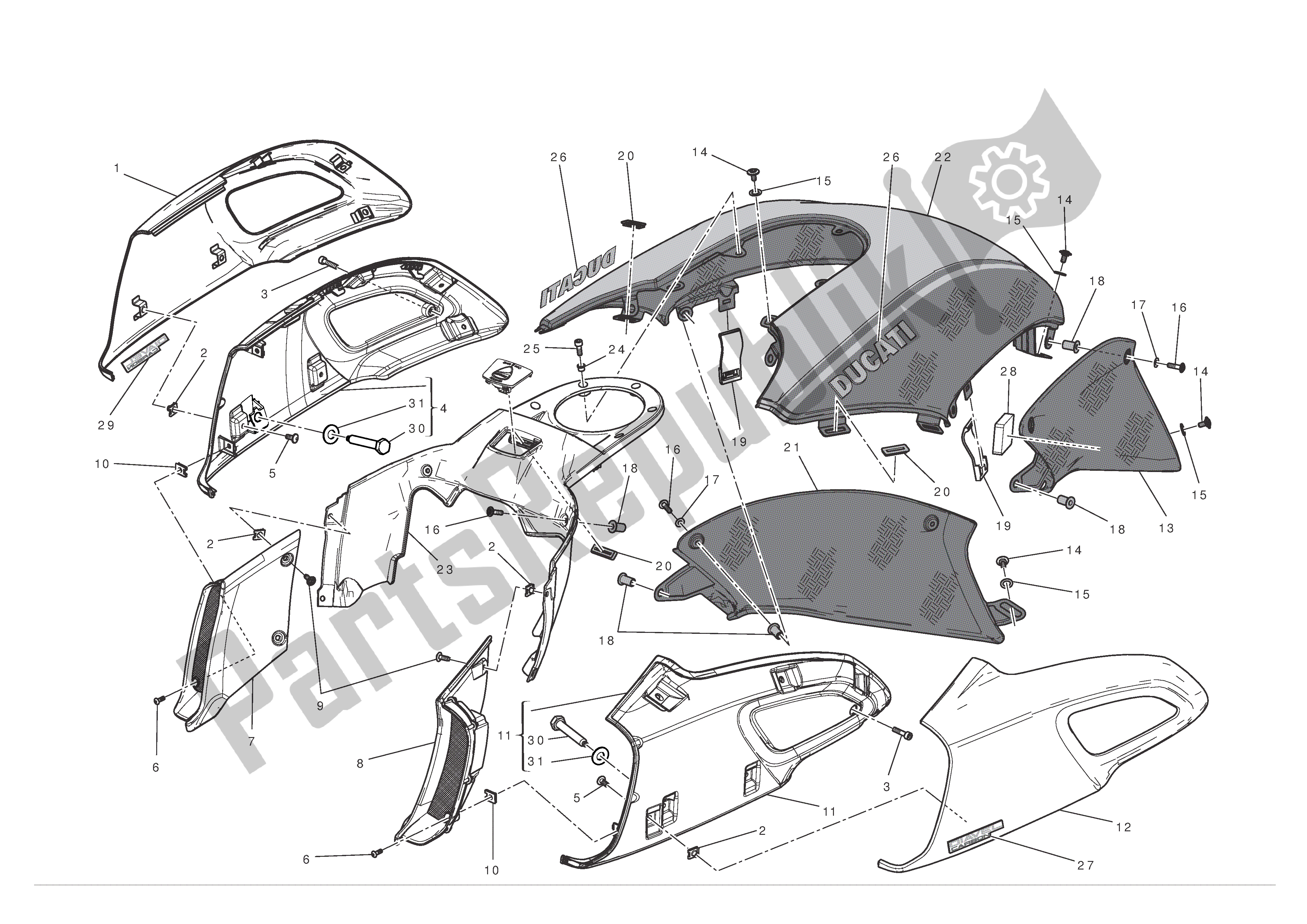 All parts for the Fairing of the Ducati Diavel 1200 2012