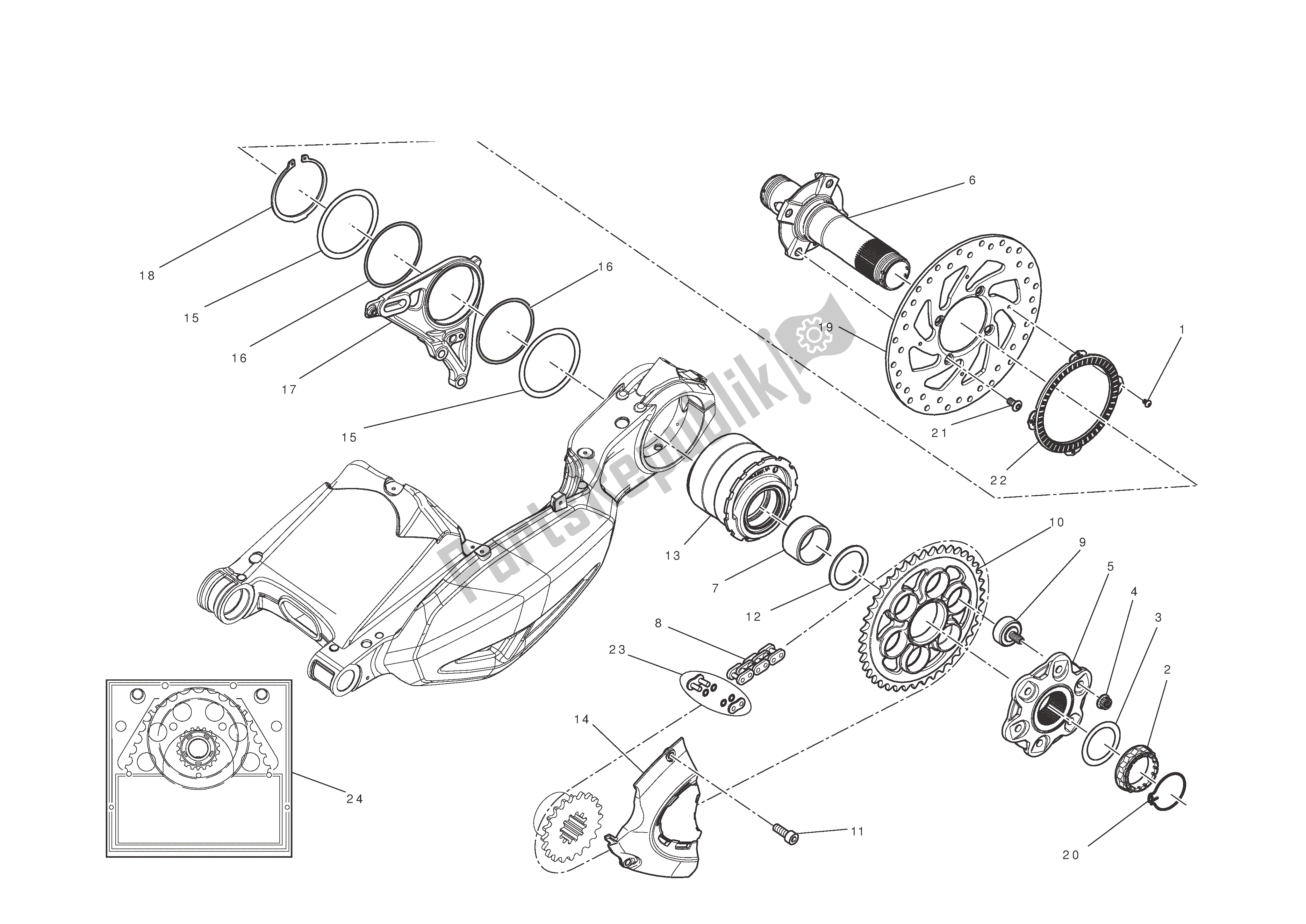 Alle onderdelen voor de Achterwielas van de Ducati Diavel 1200 2011