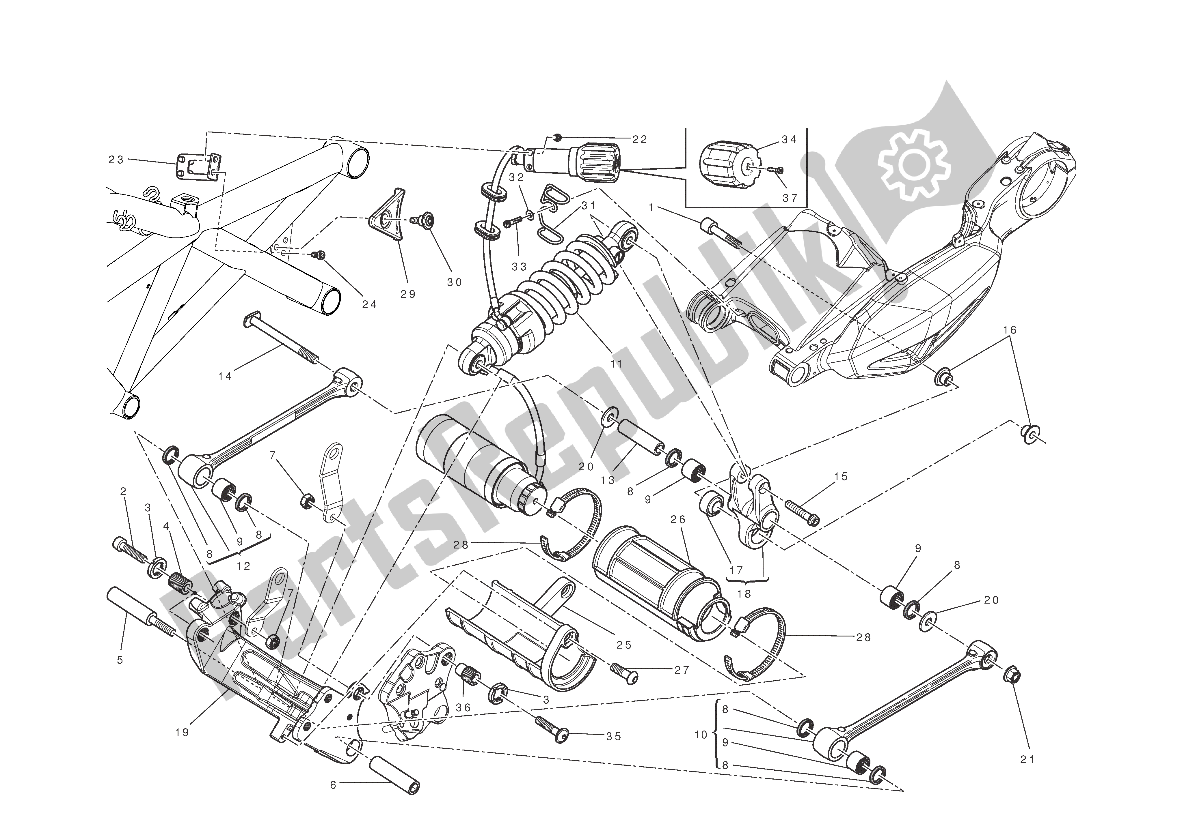 Alle onderdelen voor de Achtervering van de Ducati Diavel 1200 2011