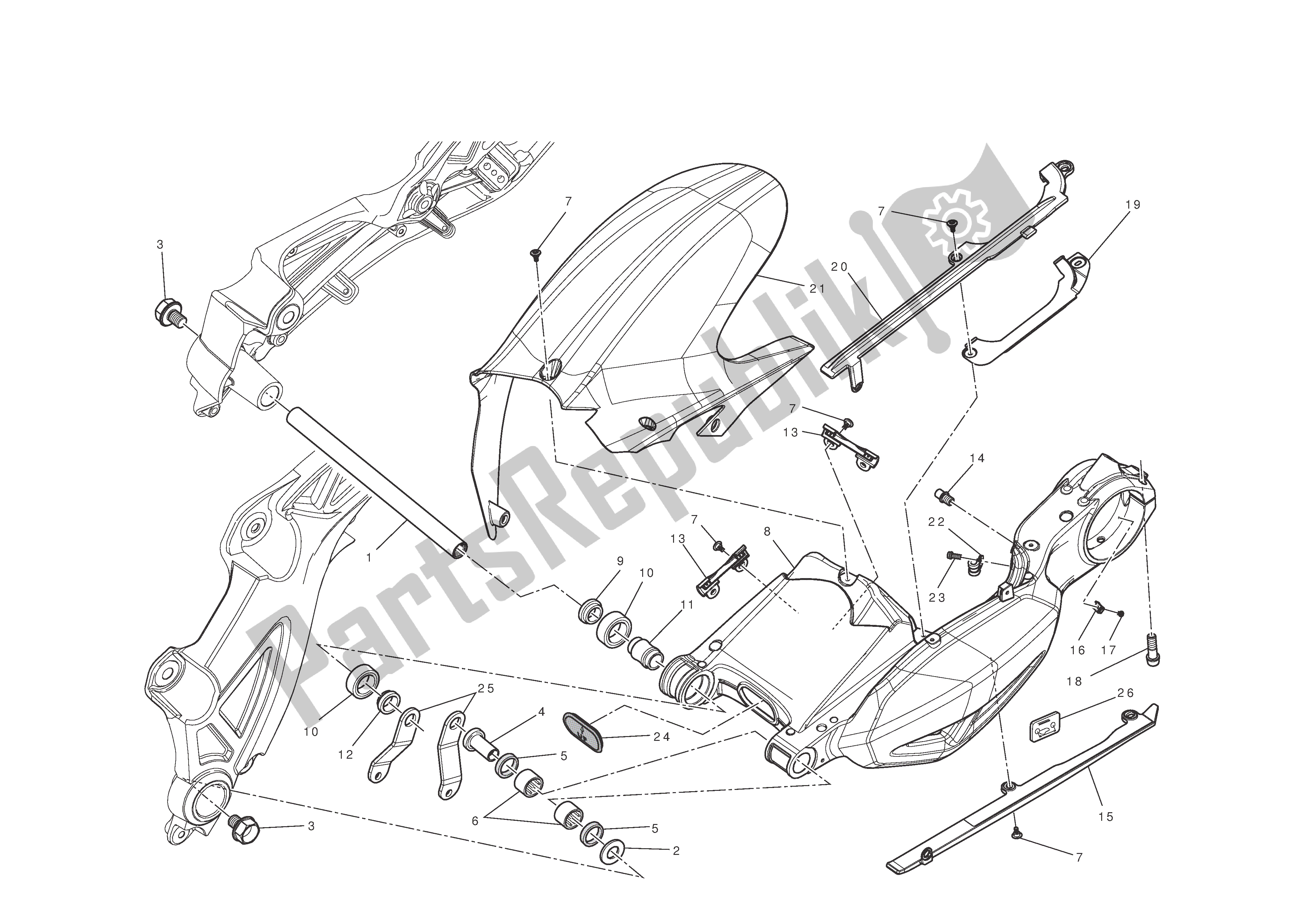 Alle onderdelen voor de Achterbrug van de Ducati Diavel 1200 2011