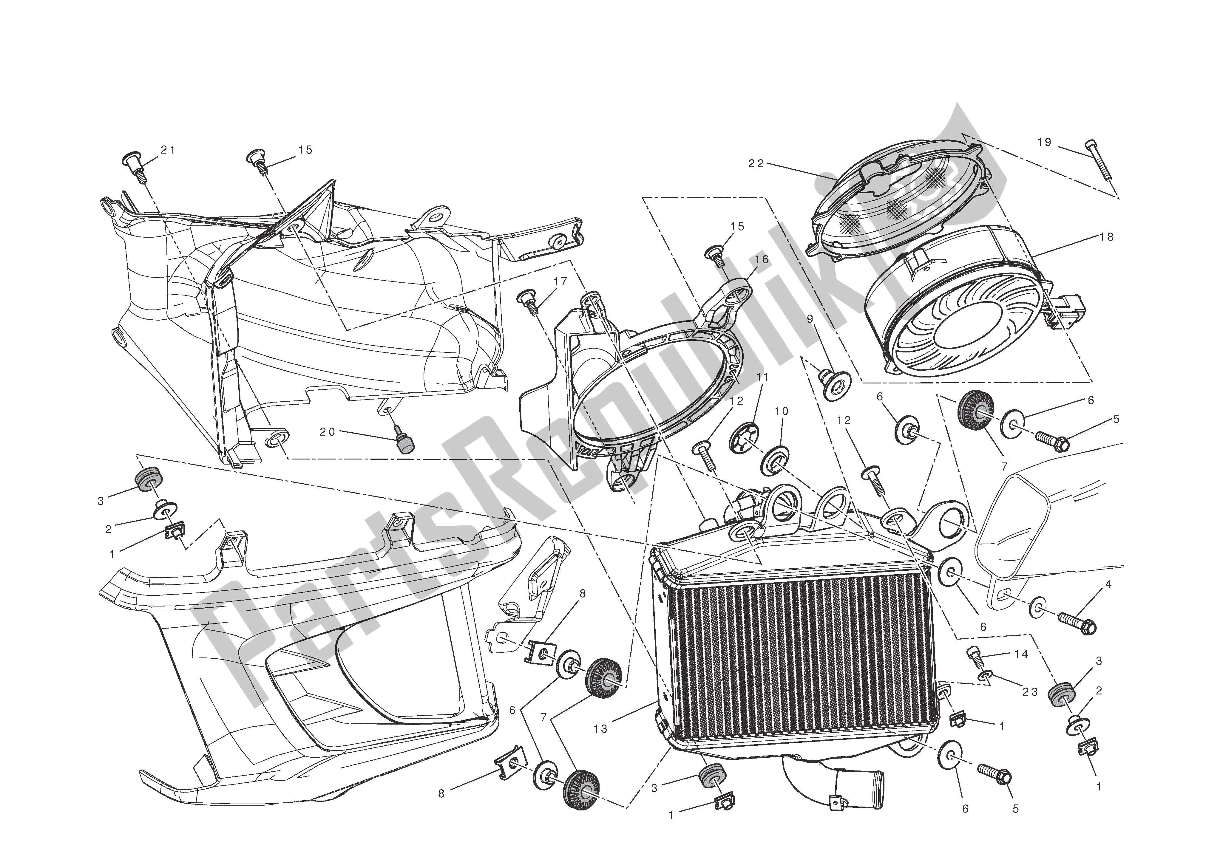 Alle onderdelen voor de Radiator (links) van de Ducati Diavel 1200 2011