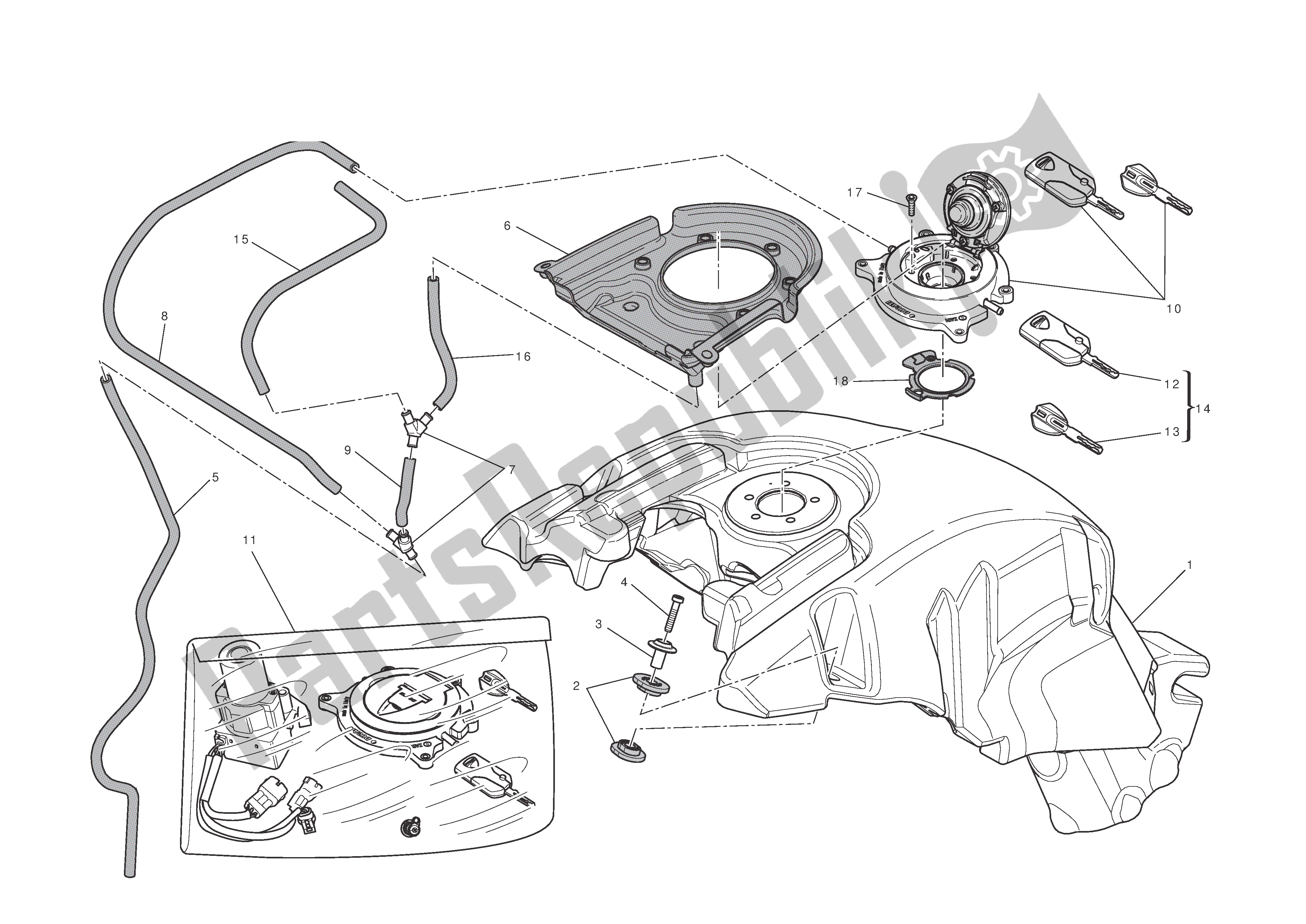 Alle onderdelen voor de Benzinetank van de Ducati Diavel 1200 2011