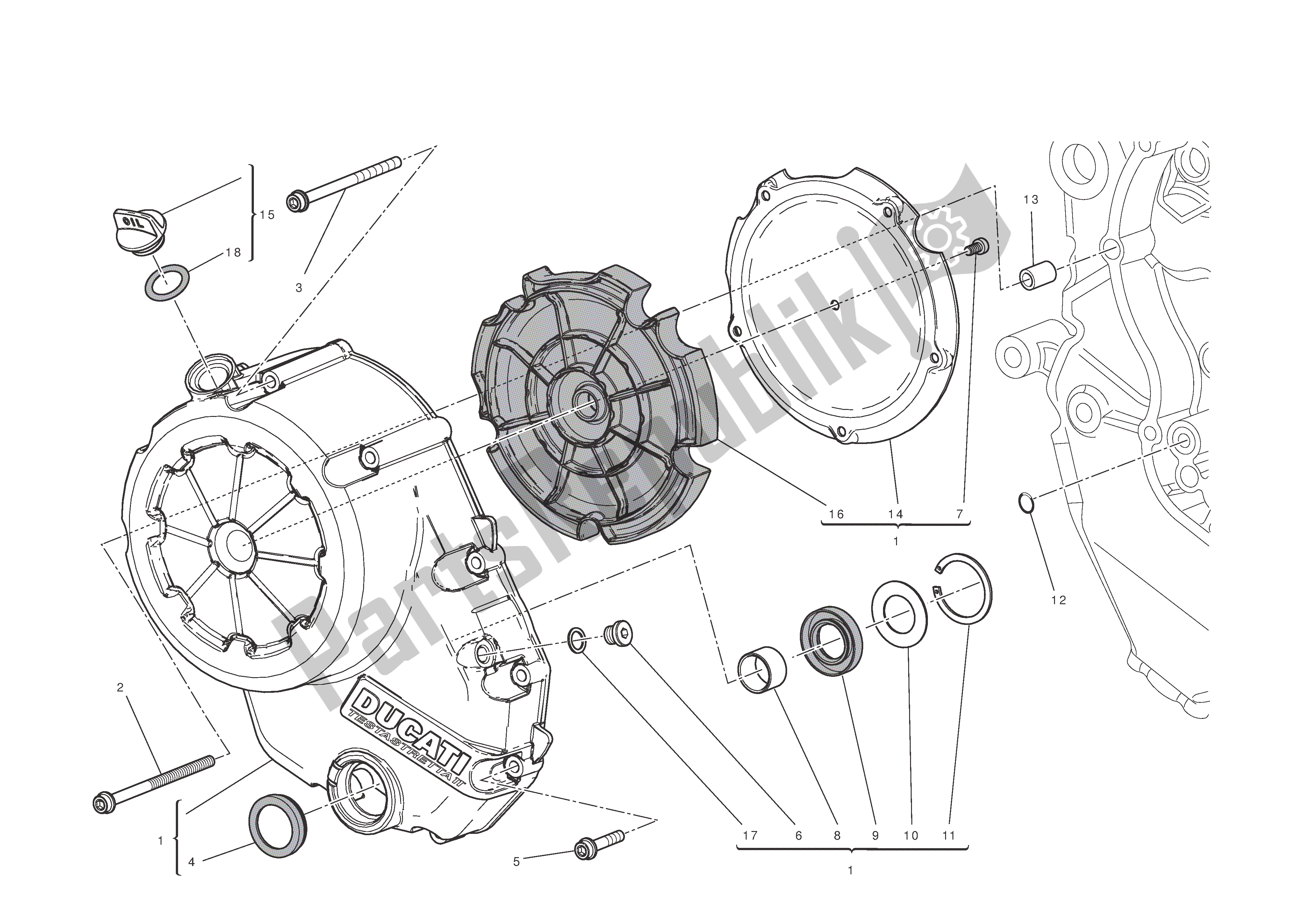 Alle onderdelen voor de Carterafdekking Aan De Koppelingszijde van de Ducati Diavel 1200 2011