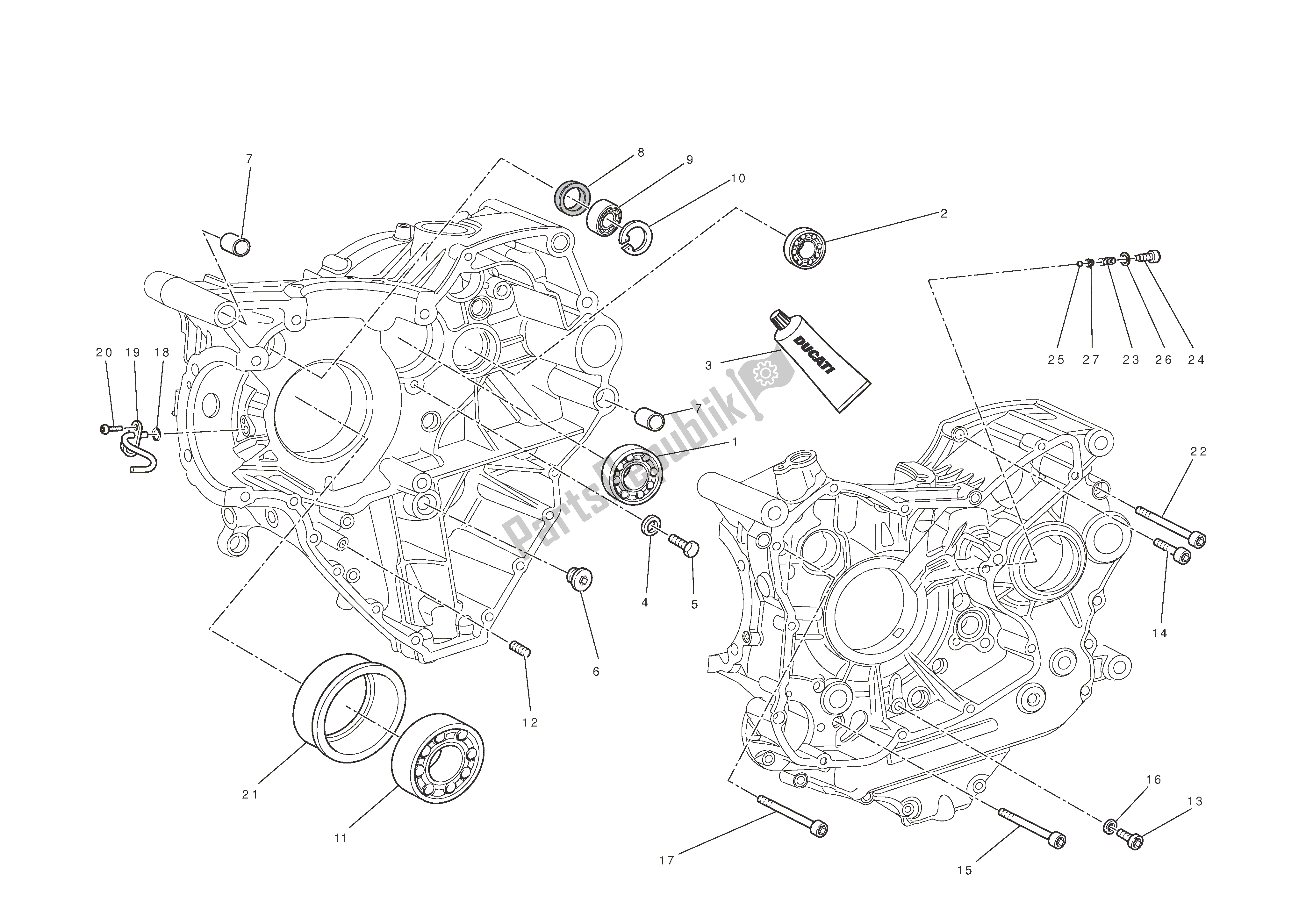 Alle onderdelen voor de Carterhelften van de Ducati Diavel 1200 2011