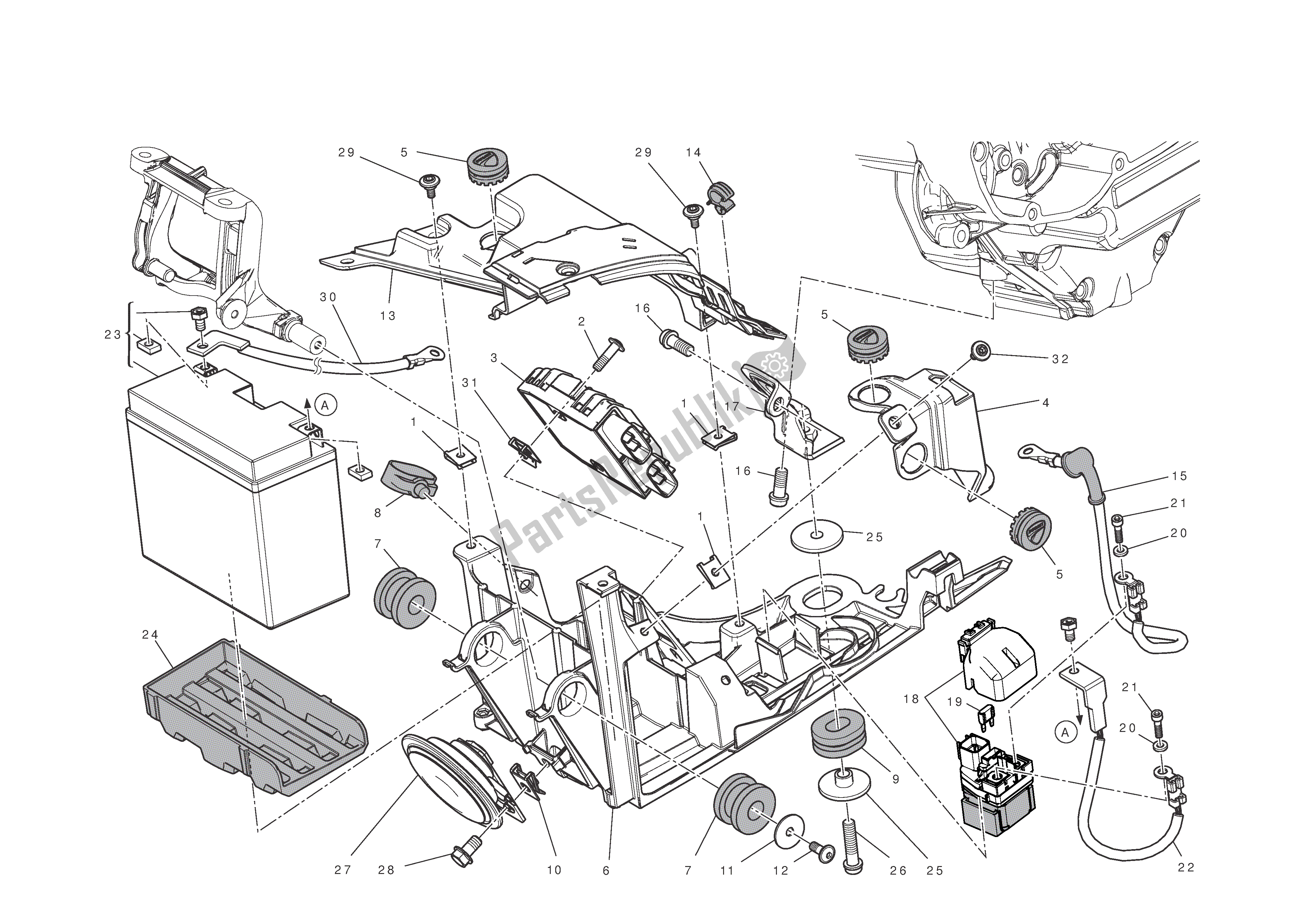 Alle onderdelen voor de Batterij Ondersteuning van de Ducati Diavel 1200 2011