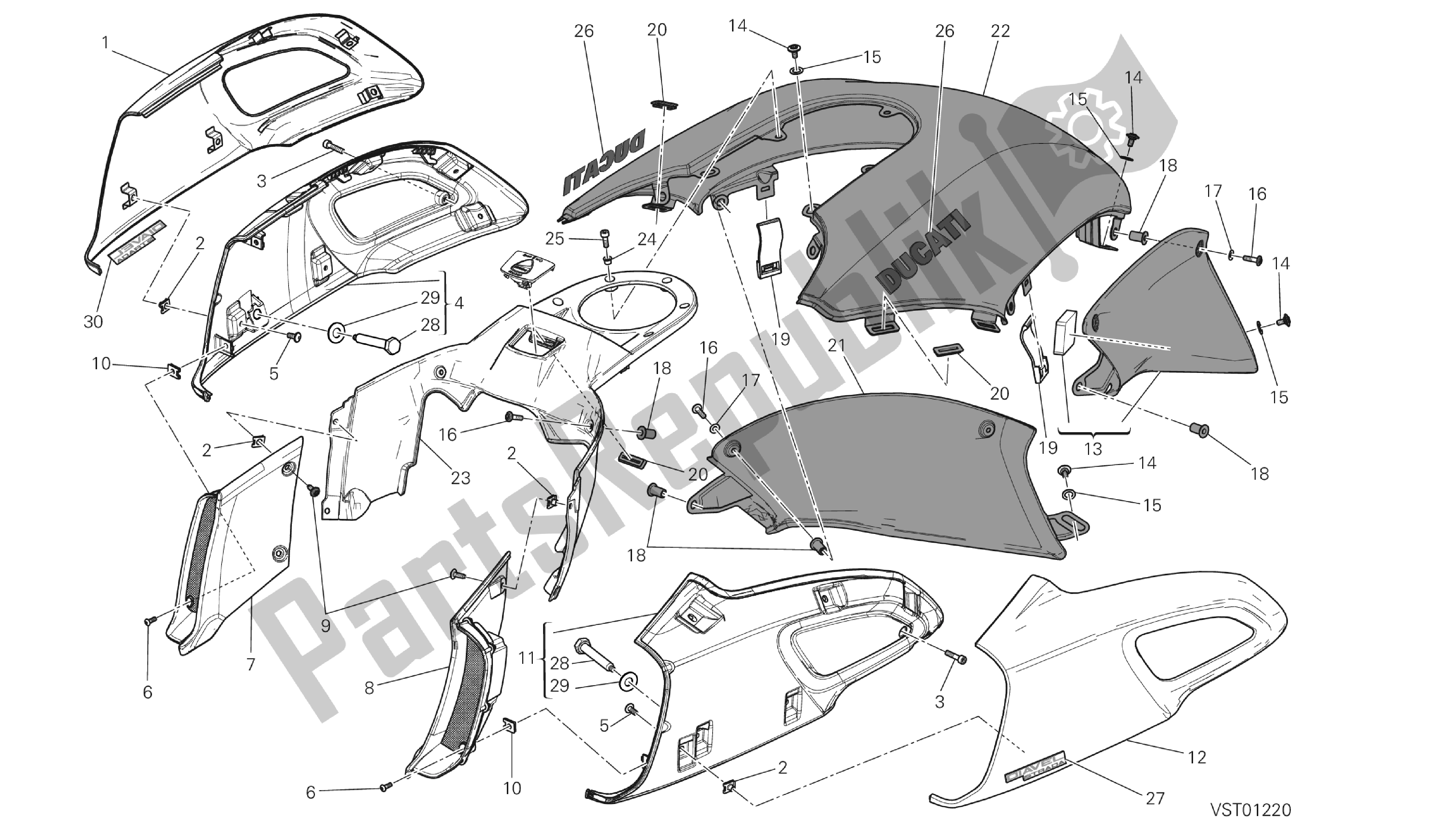 Todas las partes para Dibujo 034 - Cubiertas, Tanque [mod: Dvlt; Xst: Aus, Eu R, Fr A, J Ap] Grupo Fr Ame de Ducati Diavel Strada 1200 2013