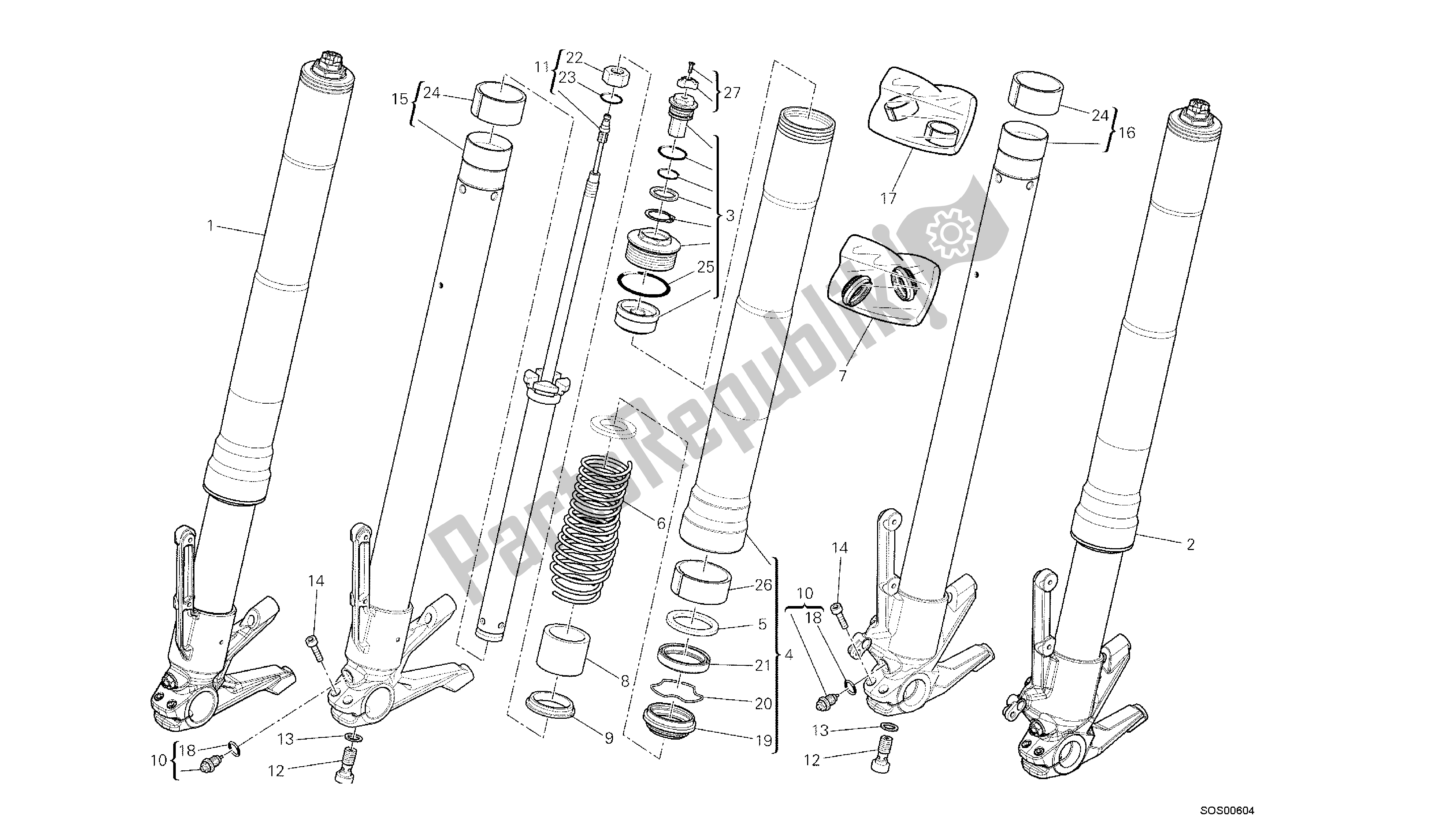 Todas las partes para Dibujo 21a - Horquilla Delantera [mod: Dvlt; Xst: Aus, Eu R, Fr A, J Ap] Grupo Fr Ame de Ducati Diavel Strada 1200 2013