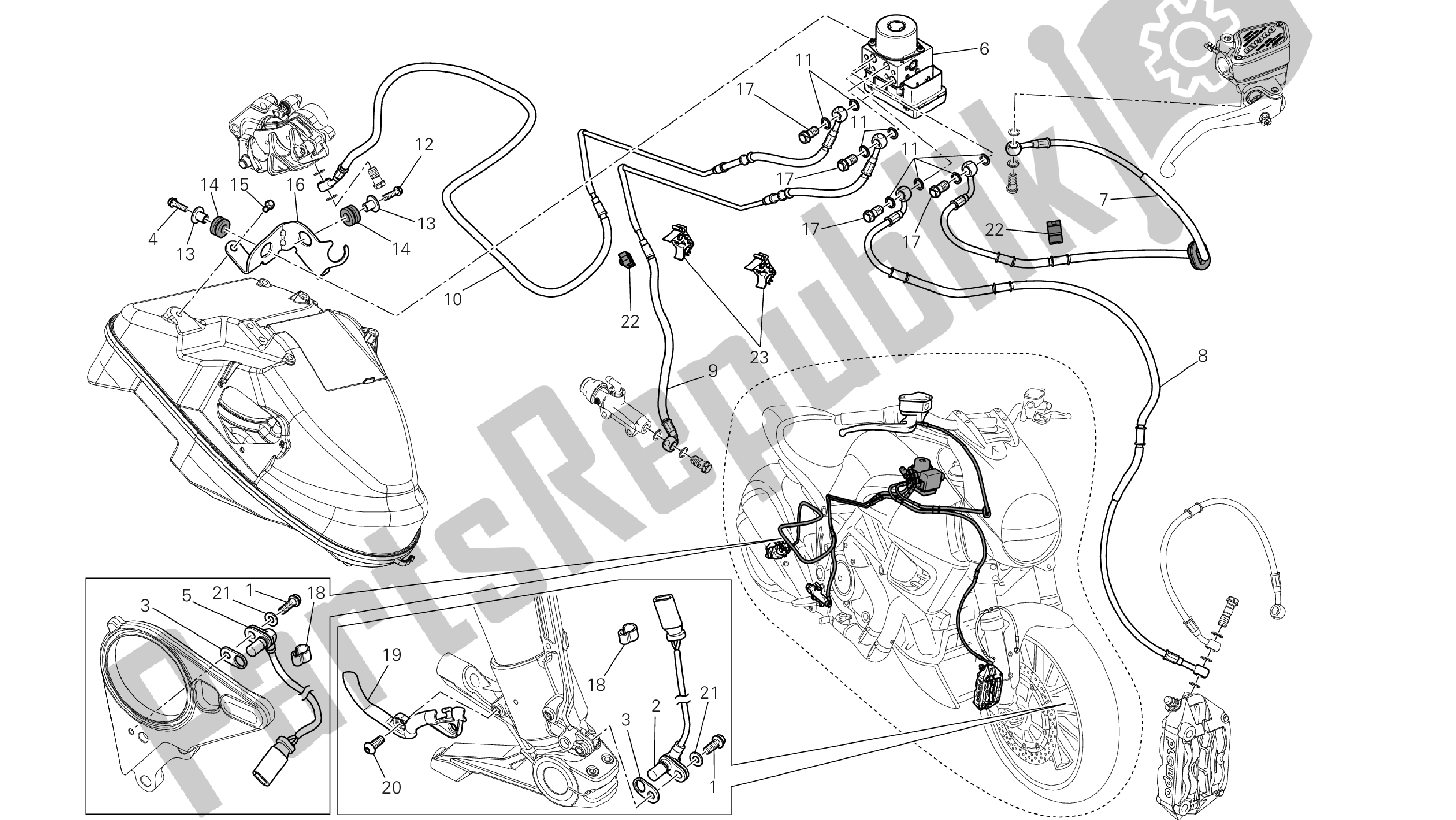 Toutes les pièces pour le Dessin 24a - Système De Freinage Abs [mod: Dvlt; Xst: Aus, Eu R, Fr A, J Ap] Groupe Fr Ame du Ducati Diavel Strada 1200 2013