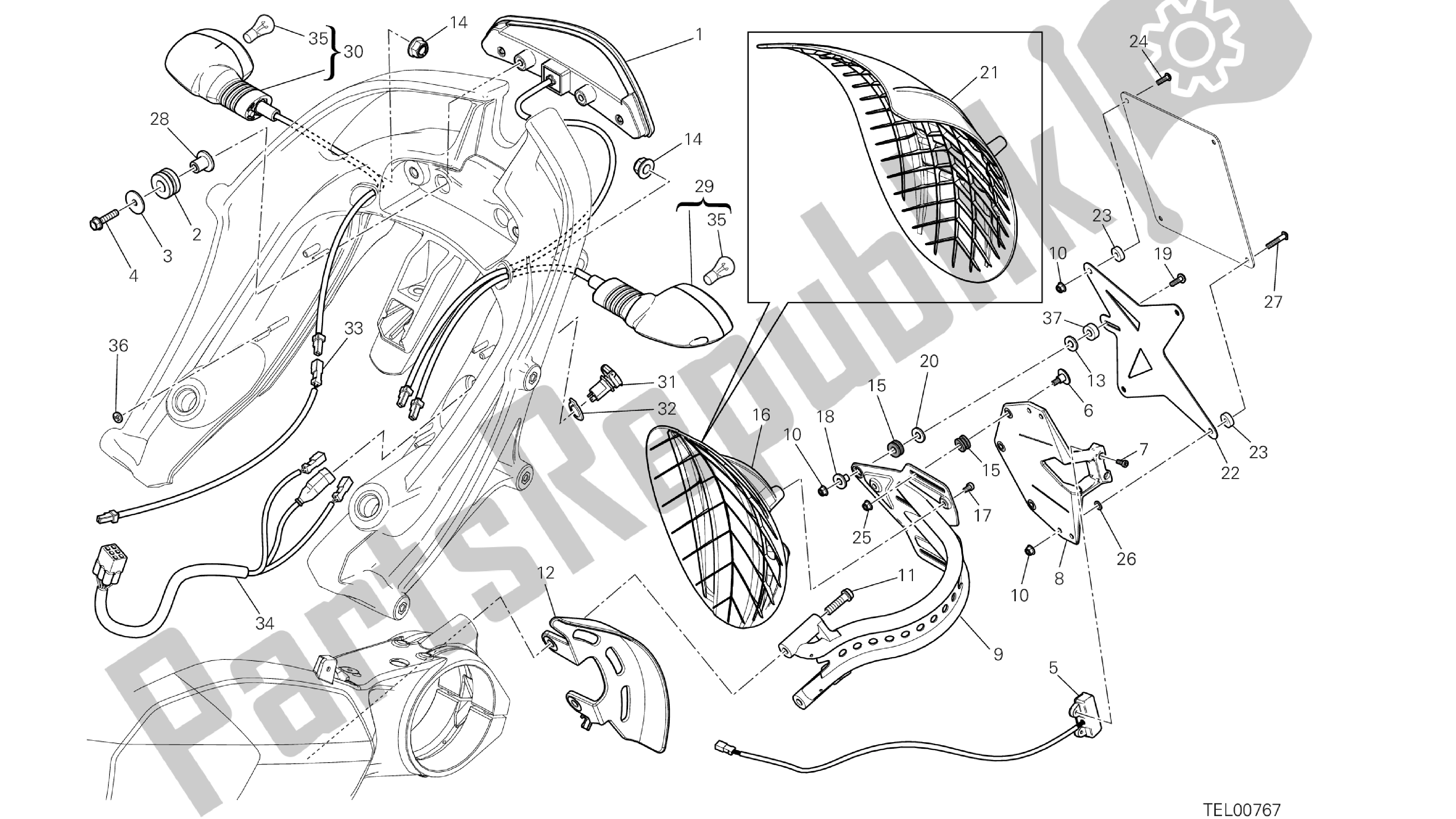 Alle onderdelen voor de Tekening 27a - Portatarga - Fanale Posteriore [mod: Dvlt; Xst: Aus, Eu R, Fr A, J Ap] Groep Elektrisch van de Ducati Diavel Strada 1200 2013