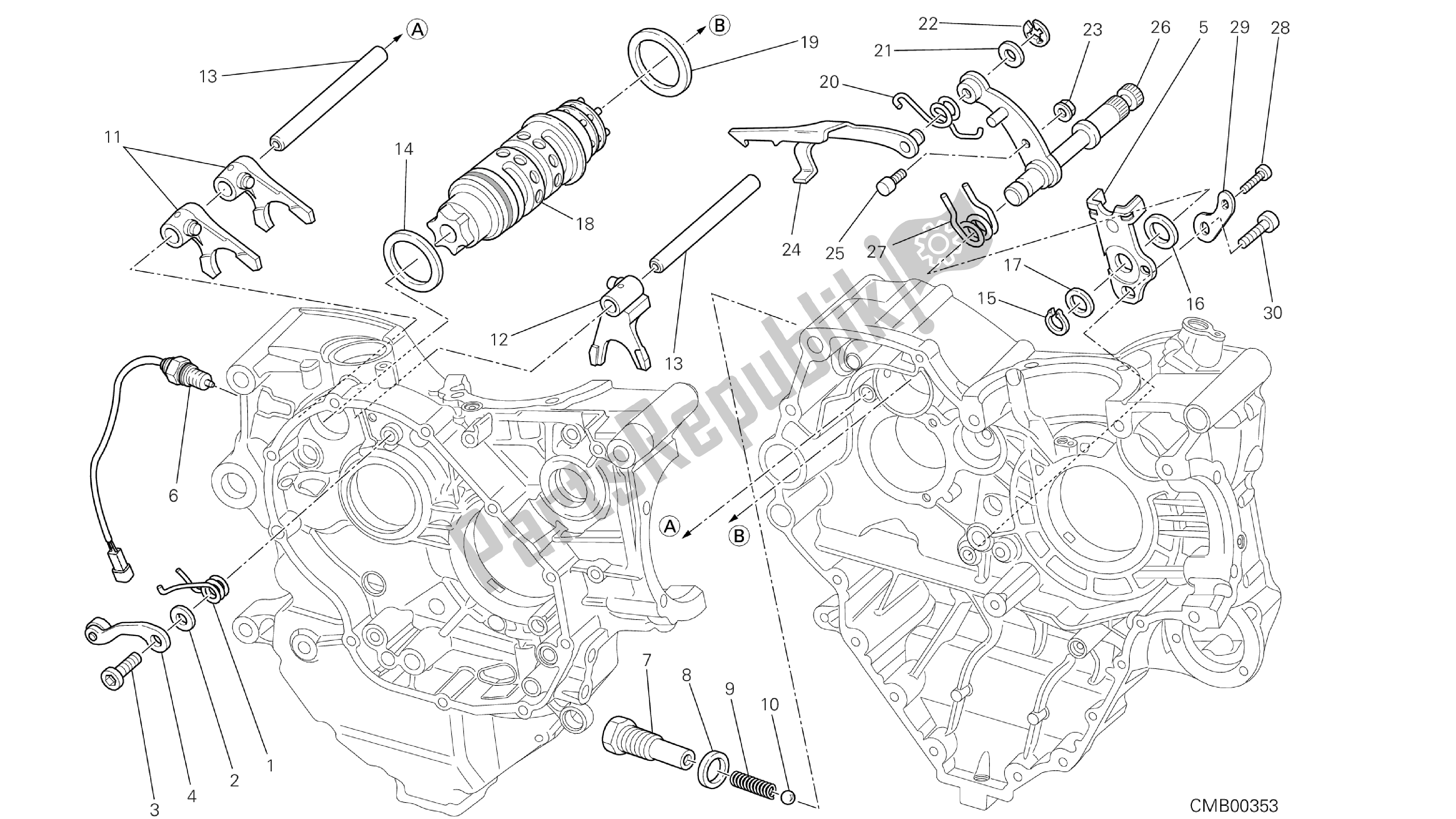 Alle onderdelen voor de Tekening 002 - Gearchange Control [mod: Dvlt; Xst: Aus, Eu R, Fr A, J Ap] Groep Engi Ne van de Ducati Diavel Strada 1200 2013