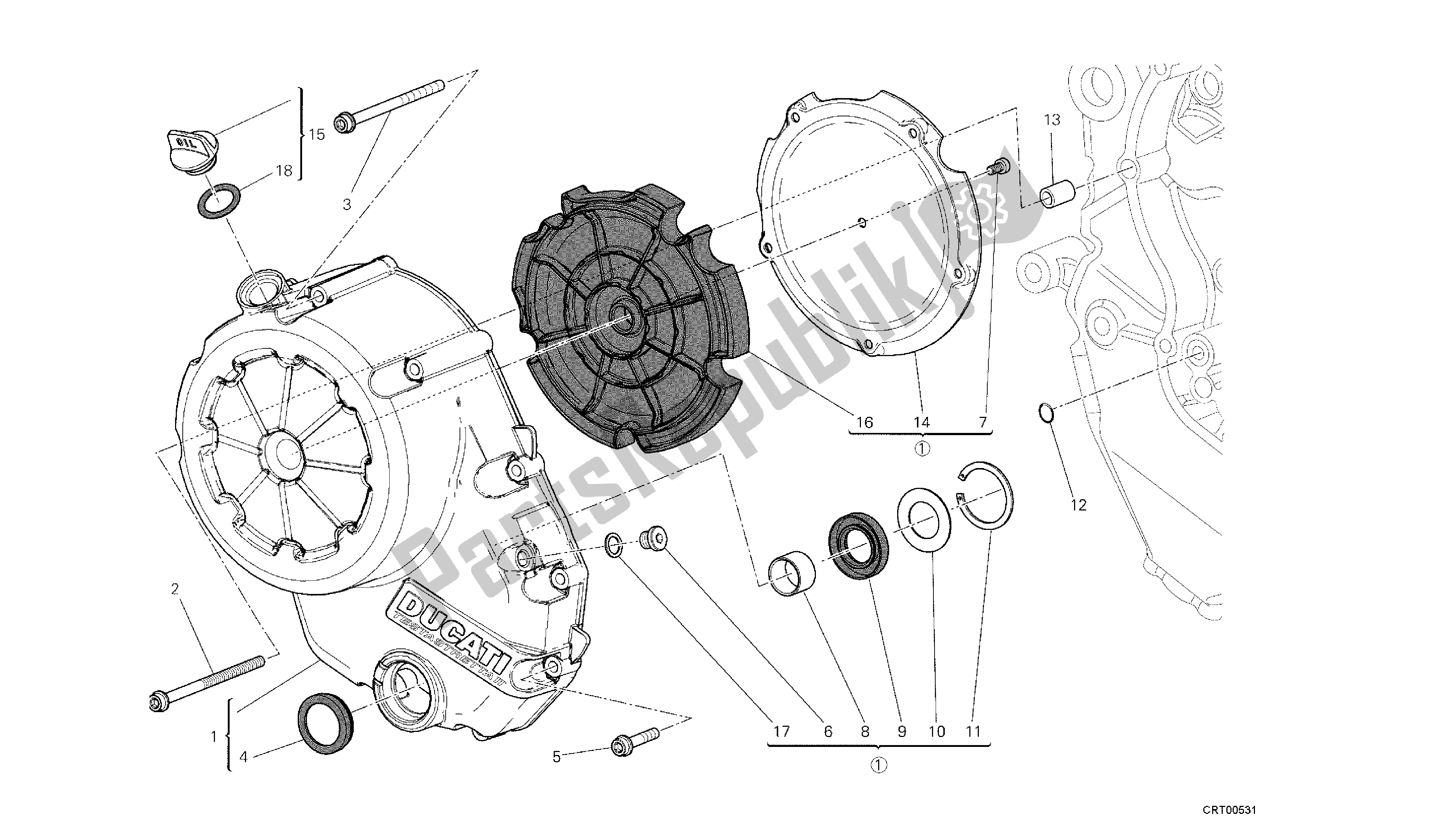 Alle onderdelen voor de Tekening 005 - Koppelingsdeksel [mod: Dvlt; Xst: Aus, Eu R, Fr A, J Ap] Groep Engi Ne van de Ducati Diavel Strada 1200 2013