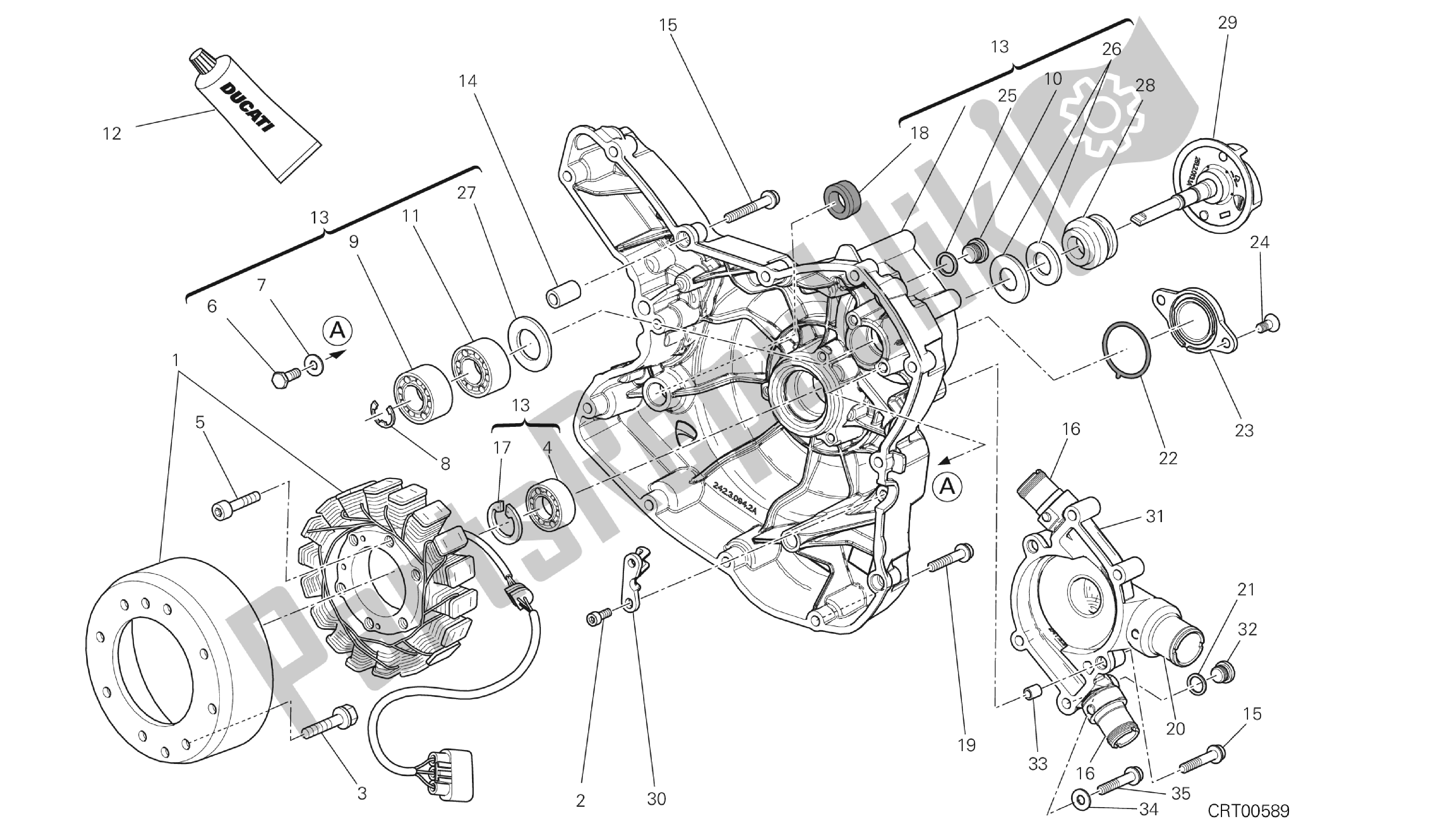 Alle onderdelen voor de Tekening 011 - Waterpomp-altr-zijde Crnkcse Deksel [mod: Dvlt; Xst: Aus, Eu R, Fr A, J Ap] Groep Engi Ne van de Ducati Diavel Strada 1200 2013