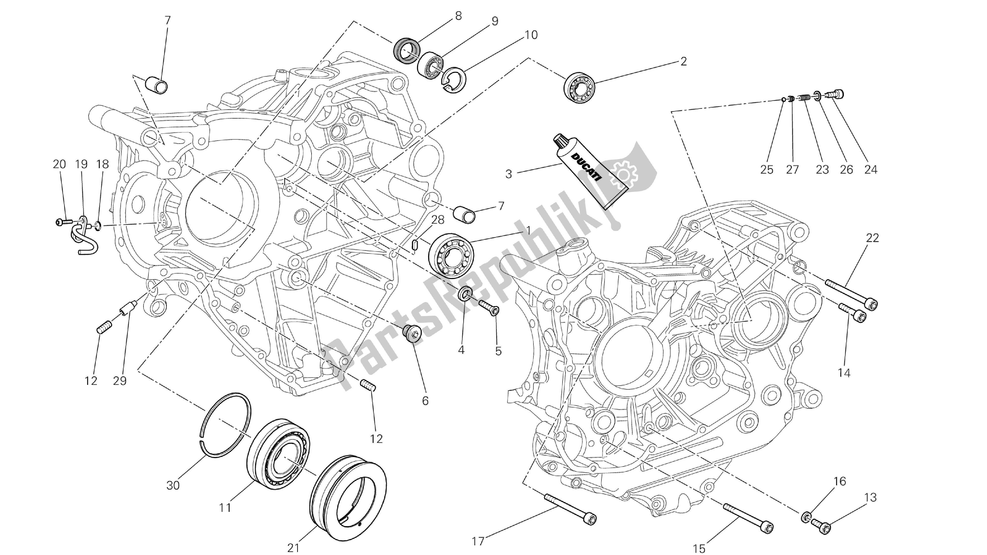Alle onderdelen voor de Tekening 10a - Carterlagers [mod: Dvlt; Xst: Aus, Eu R, Fr A, J Ap] Groep Engi Ne van de Ducati Diavel Strada 1200 2013