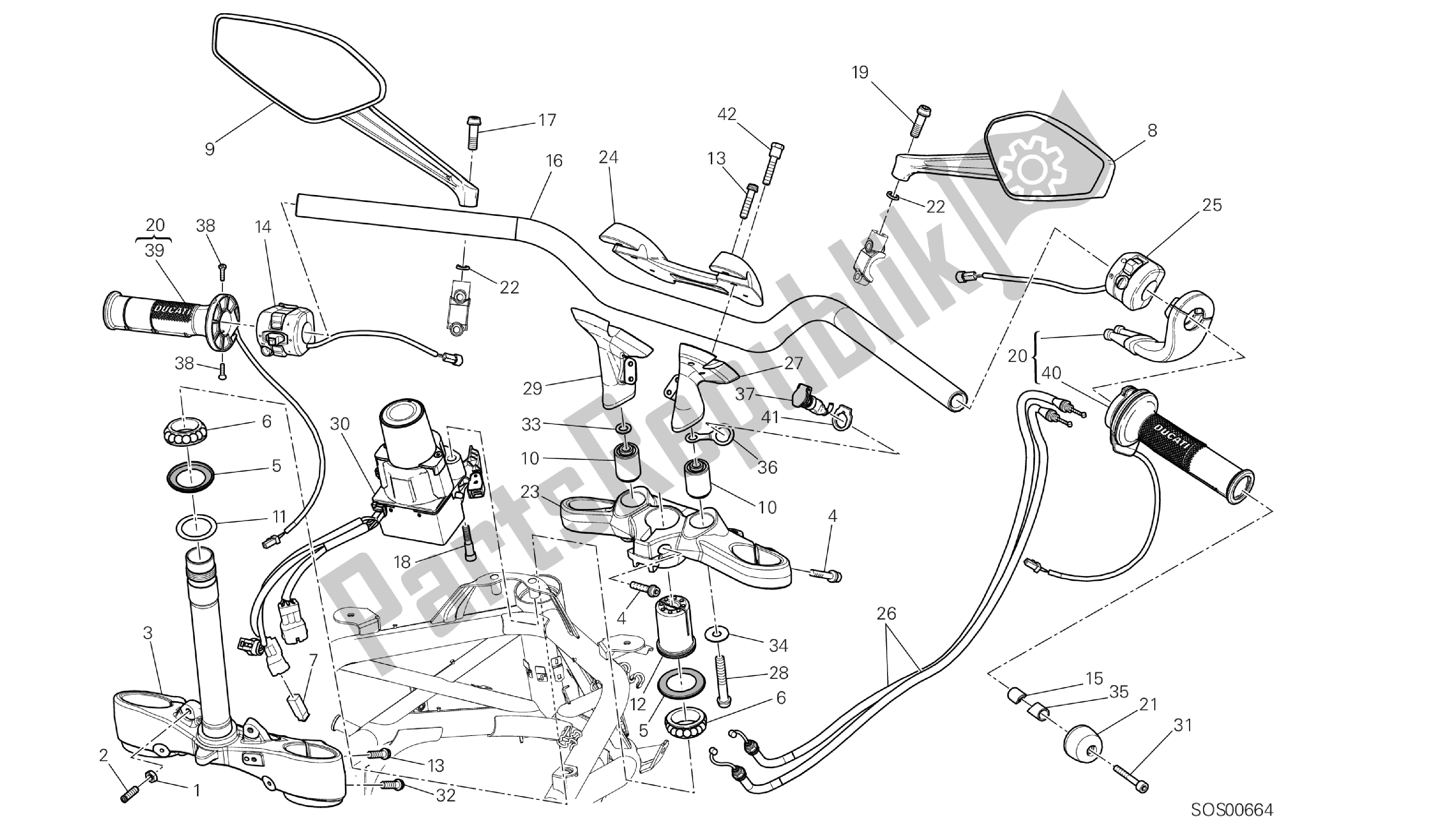 Todas las partes para Dibujo 021 - Manillar [mod: Dvlt; Xst: Aus, Eu R, Fr A, J Ap] Grupo Fr Ame de Ducati Diavel Strada 1200 2013