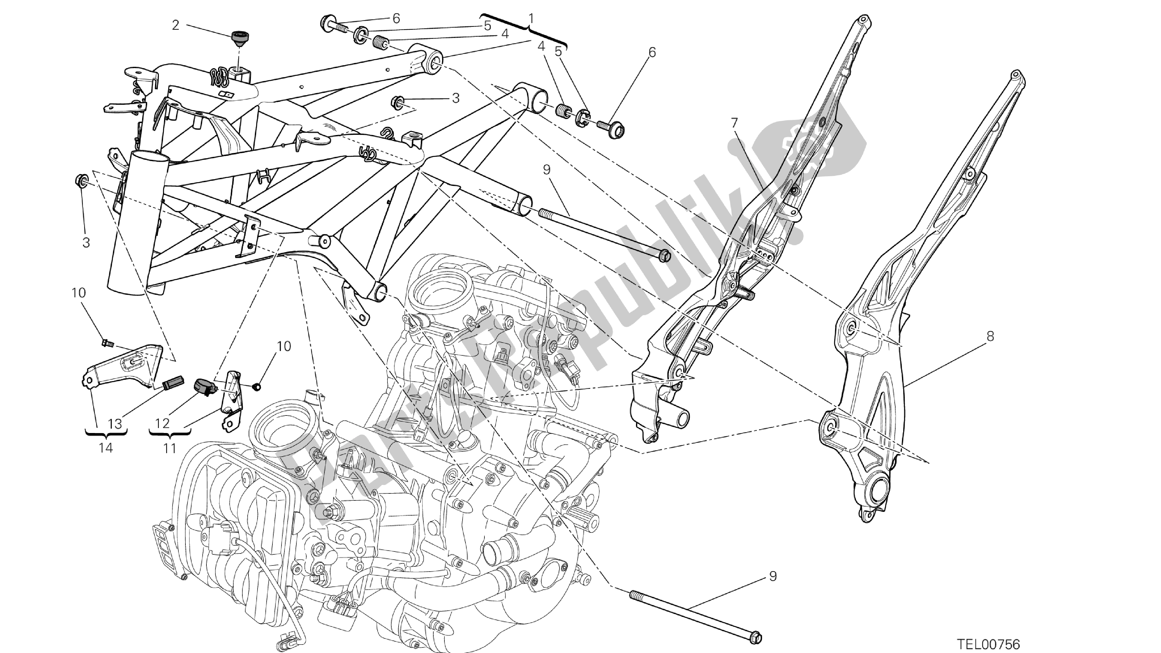 Todas las partes para Dibujo 022 - Marco [mod: Dvlt; Xst: Aus, Eu R, Fr A, J Ap] Grupo Fr Ame de Ducati Diavel Strada 1200 2013