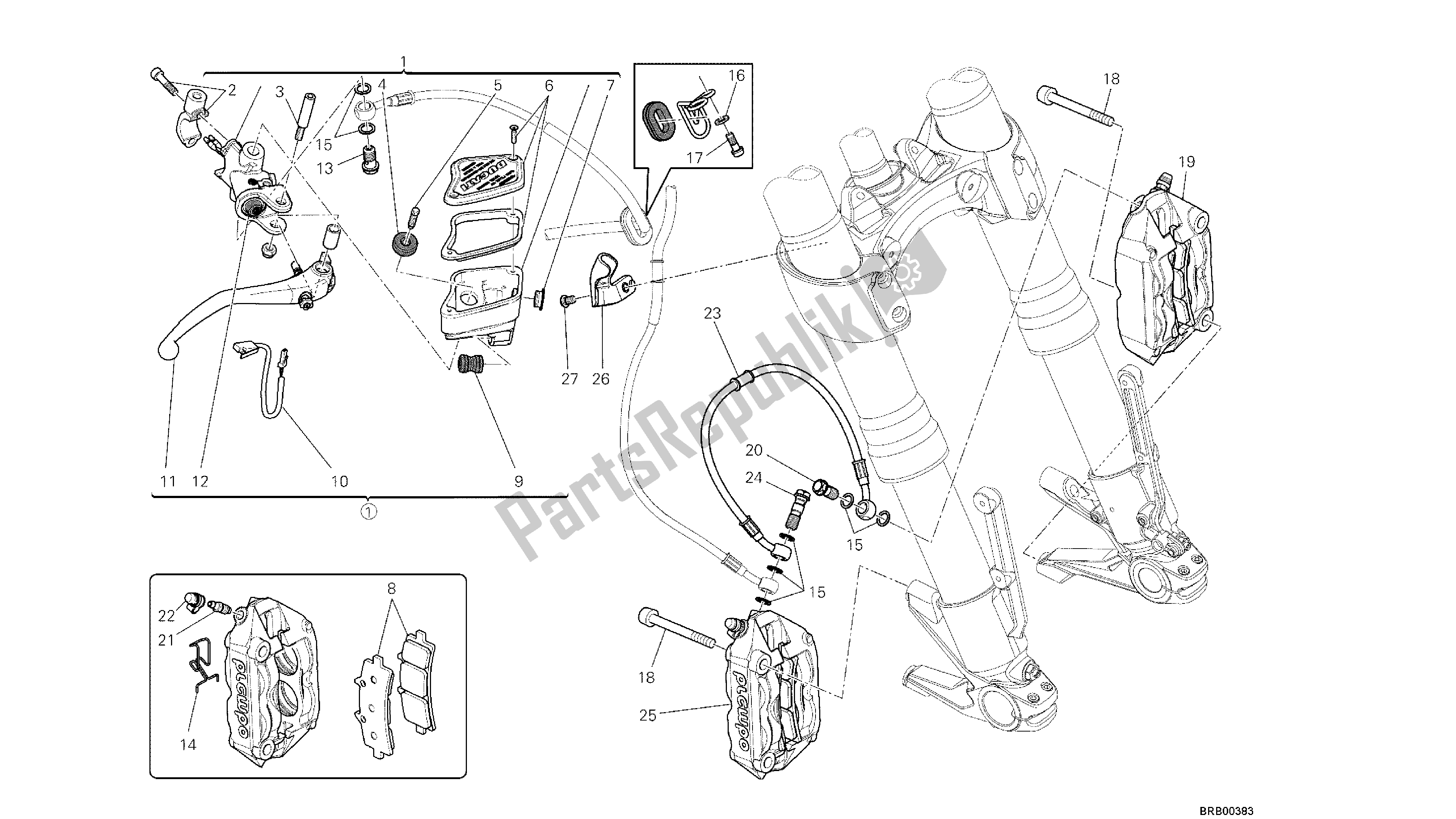 Todas las partes para Dibujo 024 - Sistema De Freno Delantero [mod: Dvlt; Xst: Aus, Eu R, Fr A, J Ap] Grupo Fr Ame de Ducati Diavel Strada 1200 2013
