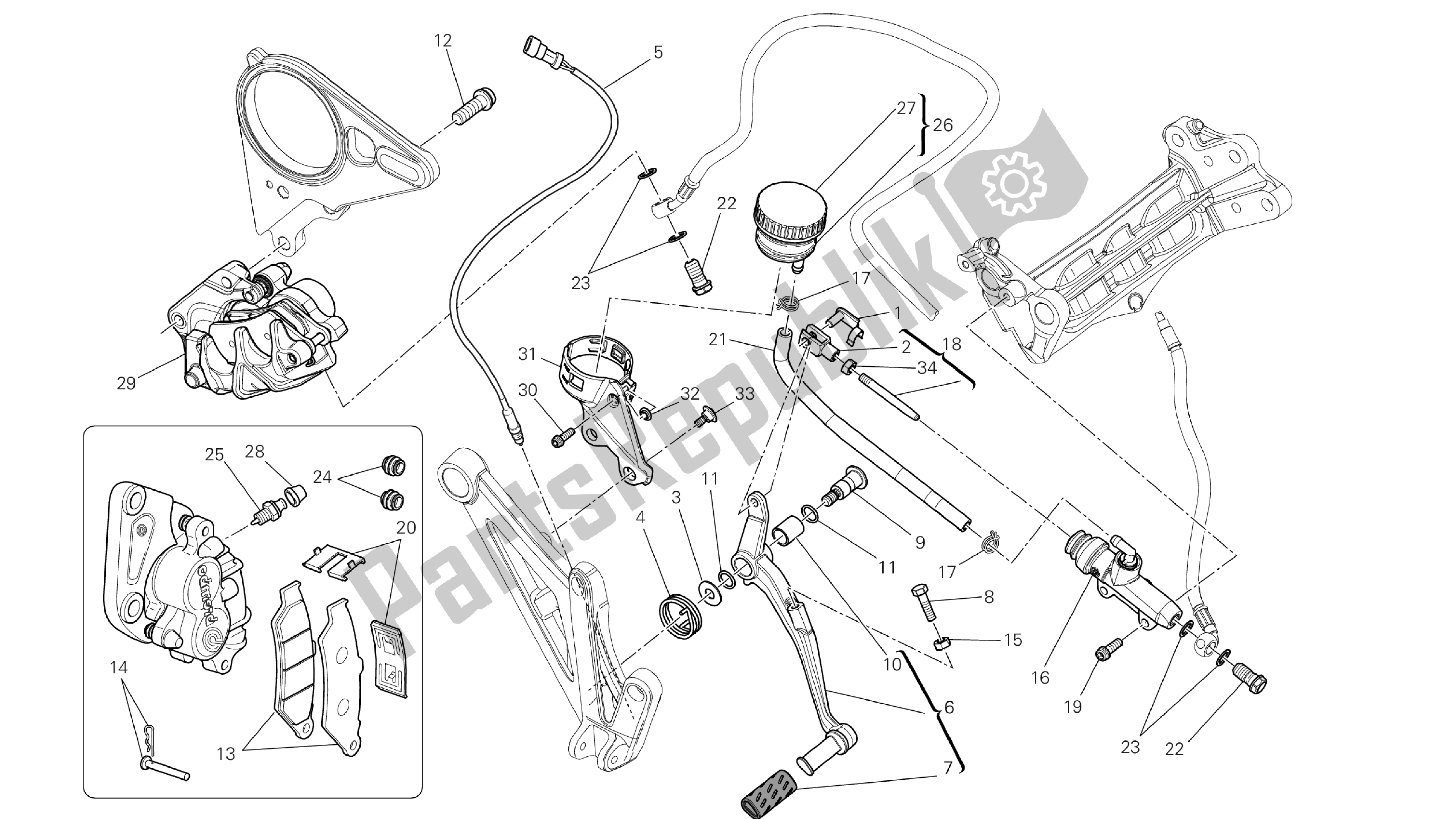 Alle onderdelen voor de Tekening 025 - Achterremsysteem [mod: Dvlt; Xst: Aus, Eu R, Fr A, J Ap] Groep Fr Ame van de Ducati Diavel Strada 1200 2013