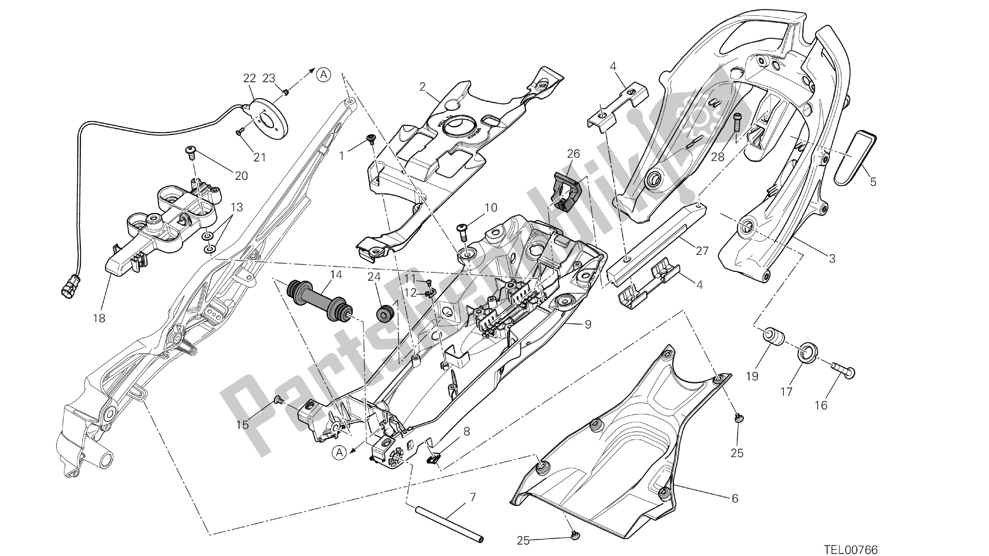 Alle onderdelen voor de Tekening 027 - Achterframe Comp. [mod: Dvlt; Xst: Aus, Eu R, Fr A, J Ap] Groep Fr Ame van de Ducati Diavel Strada 1200 2013