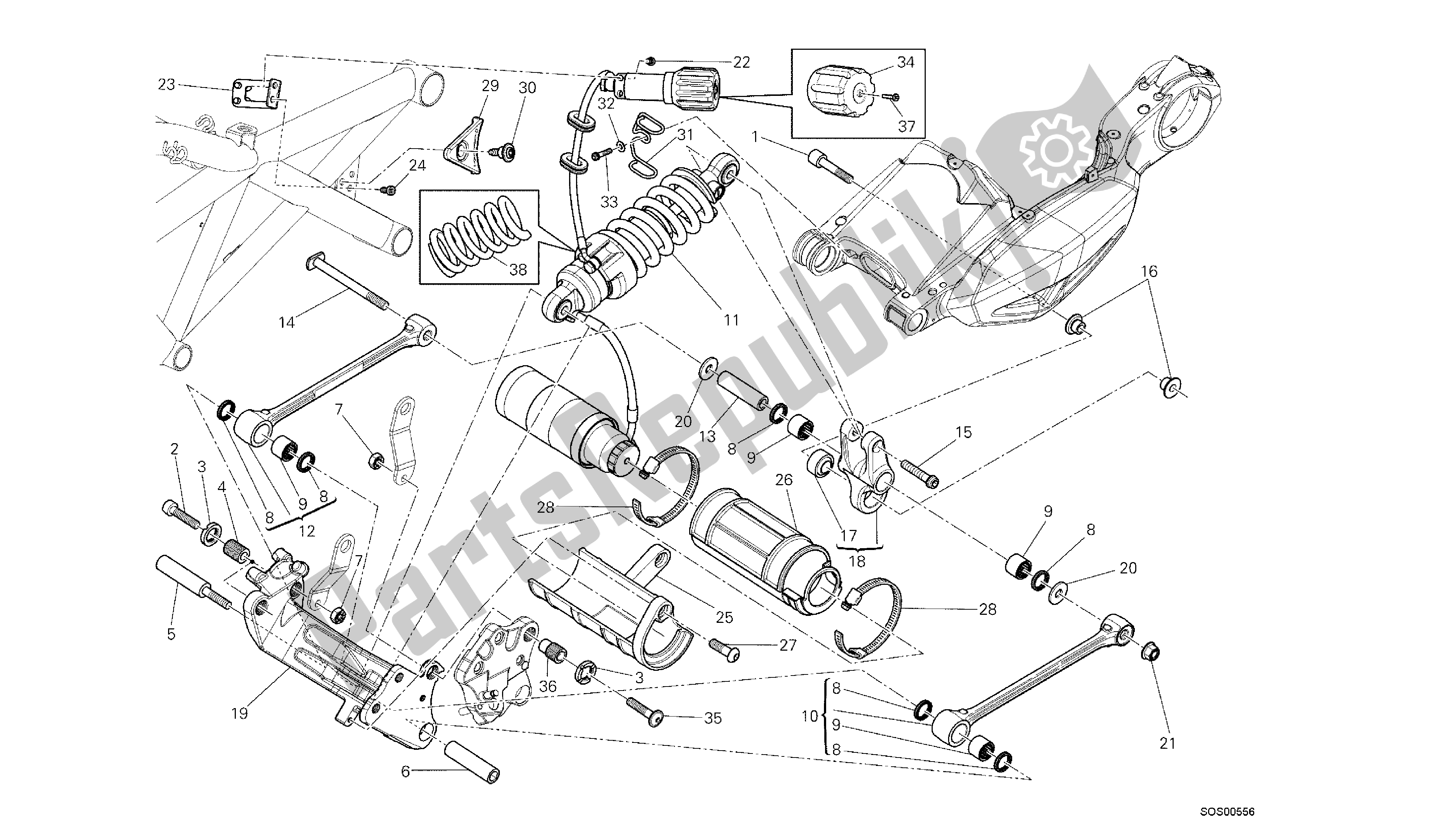 Alle onderdelen voor de Tekening 028 - Schokdemper Achteraan [mod: Dvlt; Xst: Aus, Eu R, Fr A, J Ap] Groep Fr Ame van de Ducati Diavel Strada 1200 2013