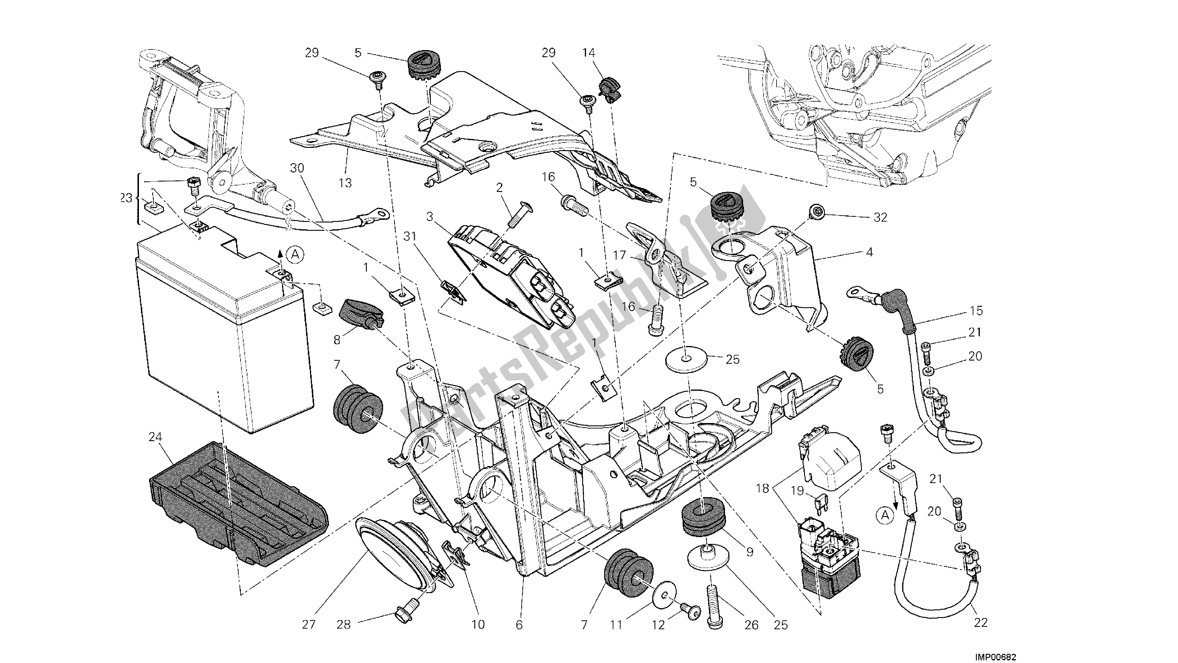 Alle onderdelen voor de Tekening 018 - Batterijhouder [mod: Dvlt; Xst: Aus, Eu R, Fr A, J Ap] Groep Elektrisch van de Ducati Diavel Strada 1200 2013