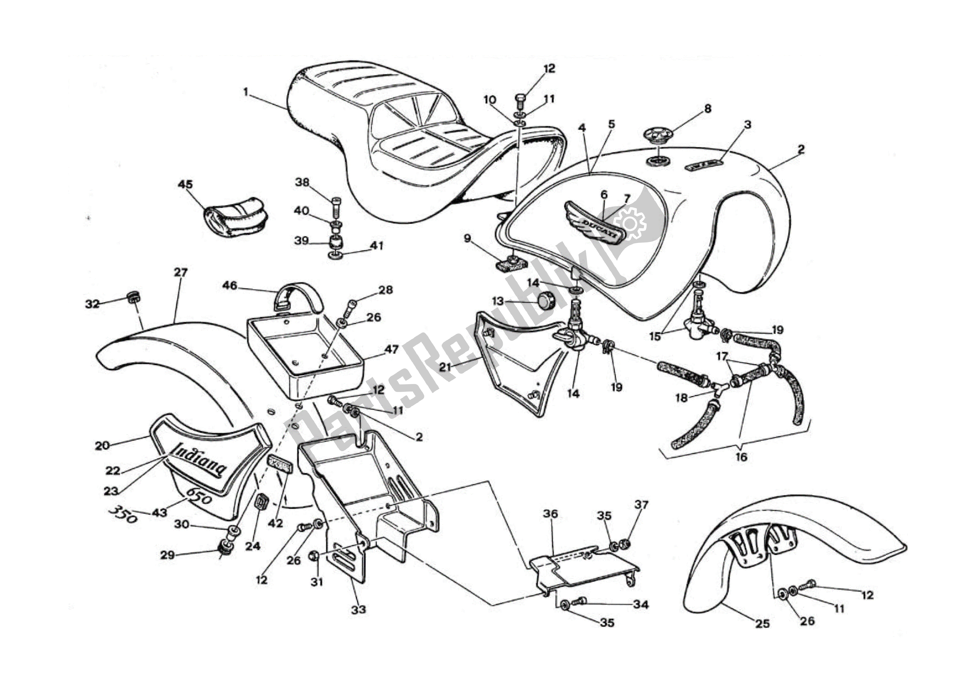 Toutes les pièces pour le Gaz Tanjc ? Siège ? Ailes .. Panneaux Sidi du Ducati Indiana 350-650 1986 - 1990