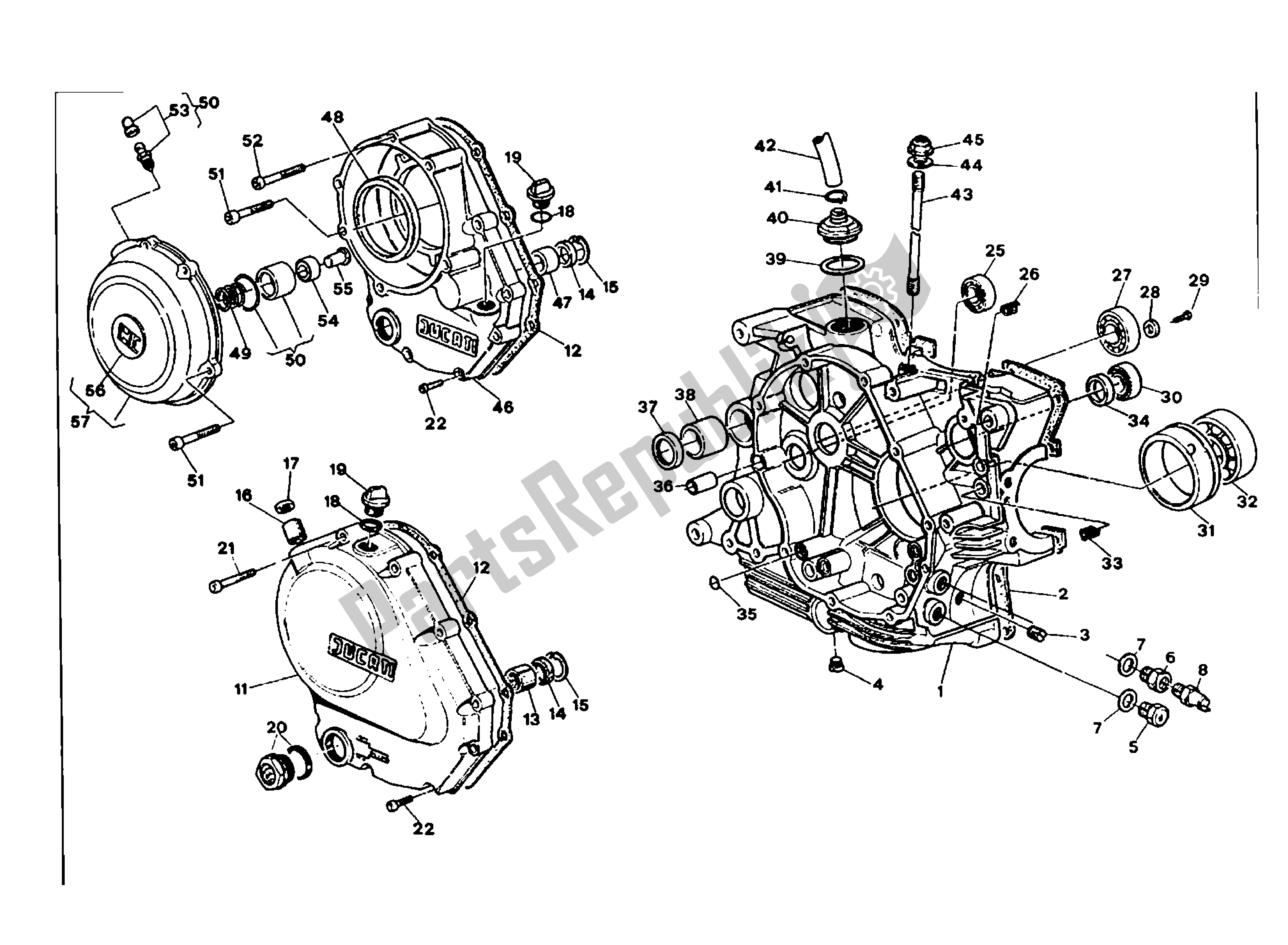 All parts for the Crankcase Clutch Side of the Ducati Indiana 350 1986 - 1987