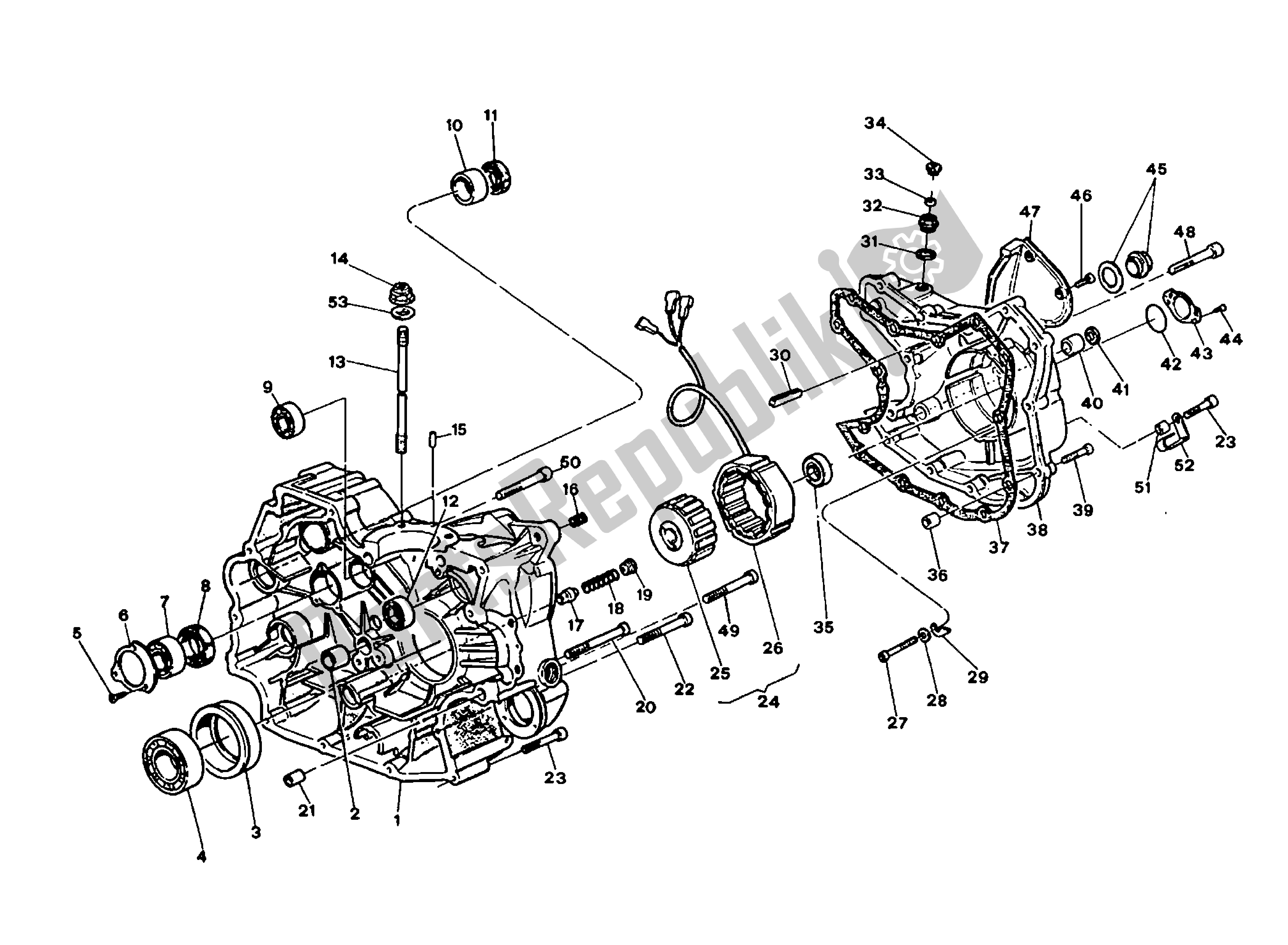 Alle onderdelen voor de Kettingzijde Carter En Dynamo van de Ducati Indiana 350 1986 - 1987