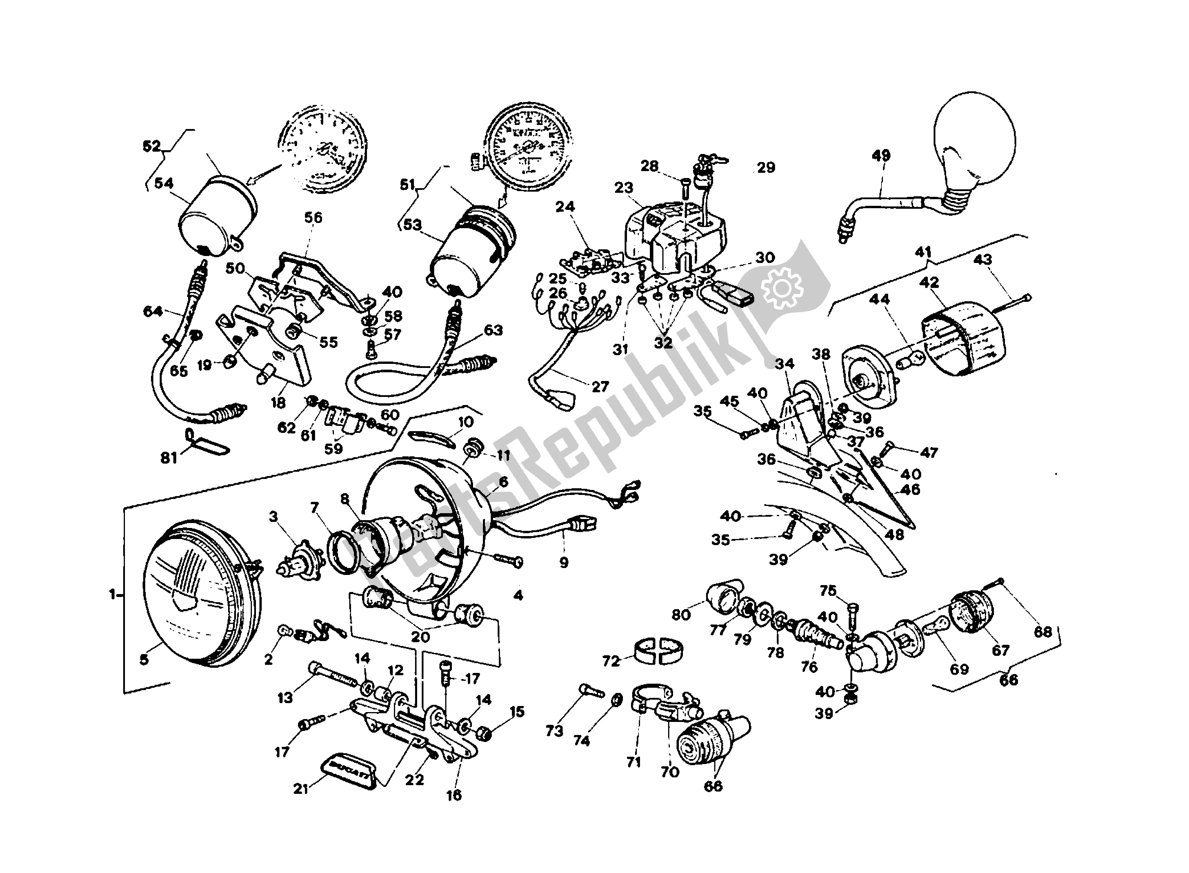 Alle onderdelen voor de Koplamp - Dashboard - Instrumenten van de Ducati Indiana 350 1986 - 1987