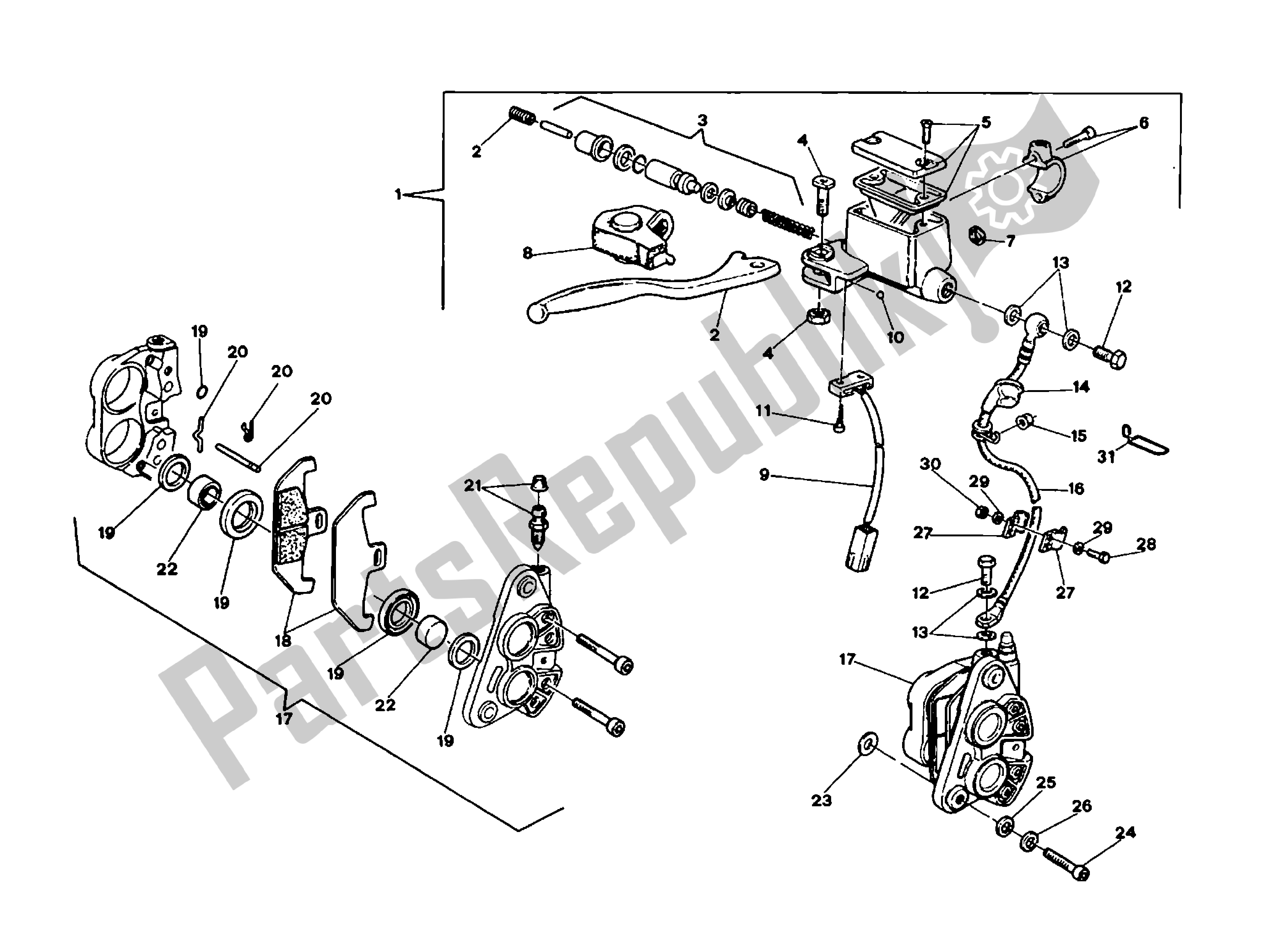 Alle onderdelen voor de Hydraulische Rem Vooraan van de Ducati Indiana 350 1986 - 1987
