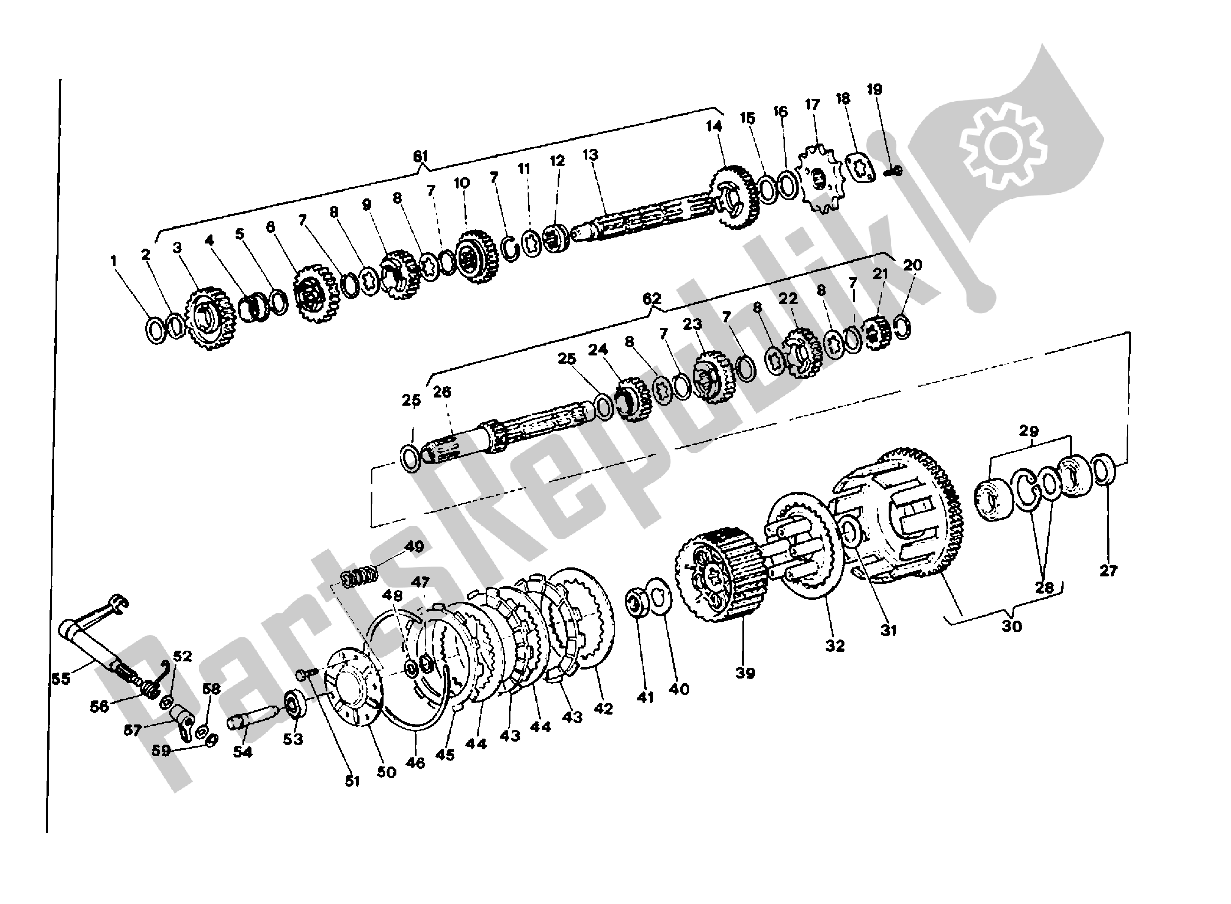 All parts for the Gear Change - Clutch Bath Air of the Ducati Indiana 350 1986 - 1987