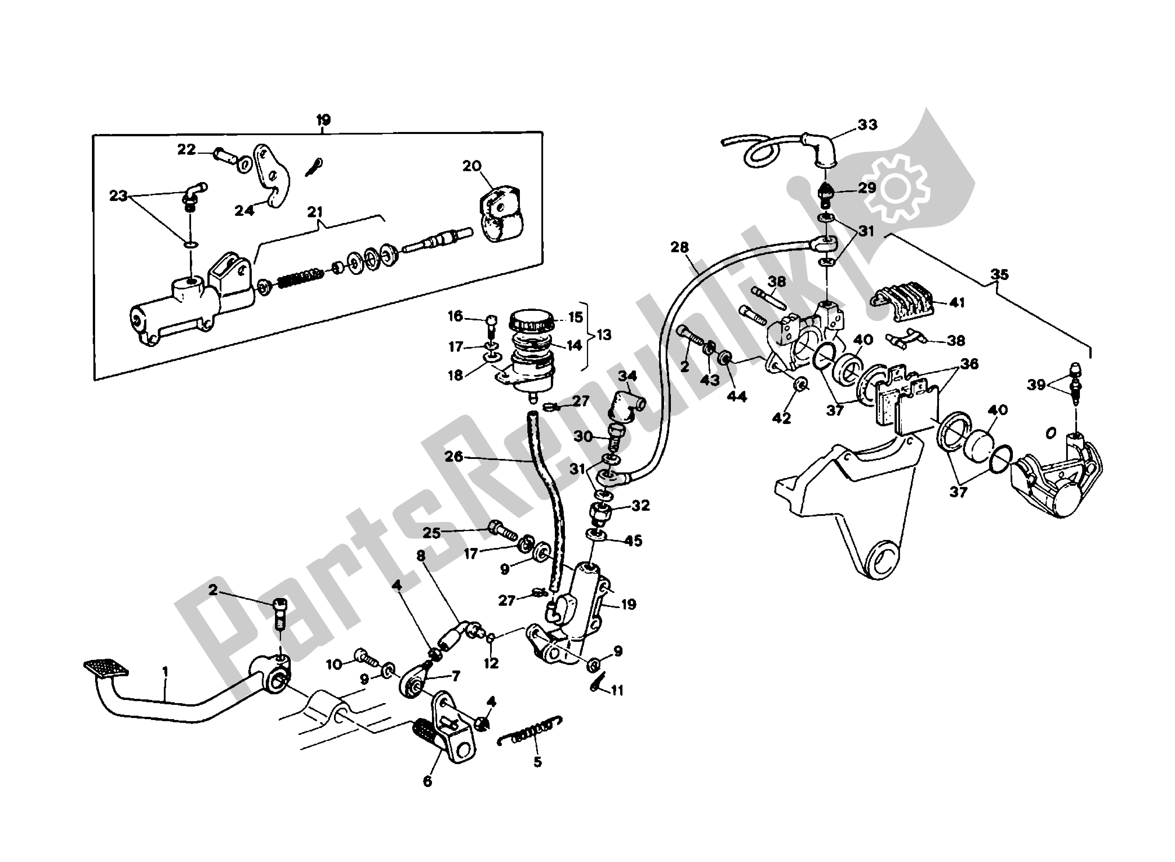 All parts for the Rear Hydraulic Erake of the Ducati Indiana 350 1986 - 1987