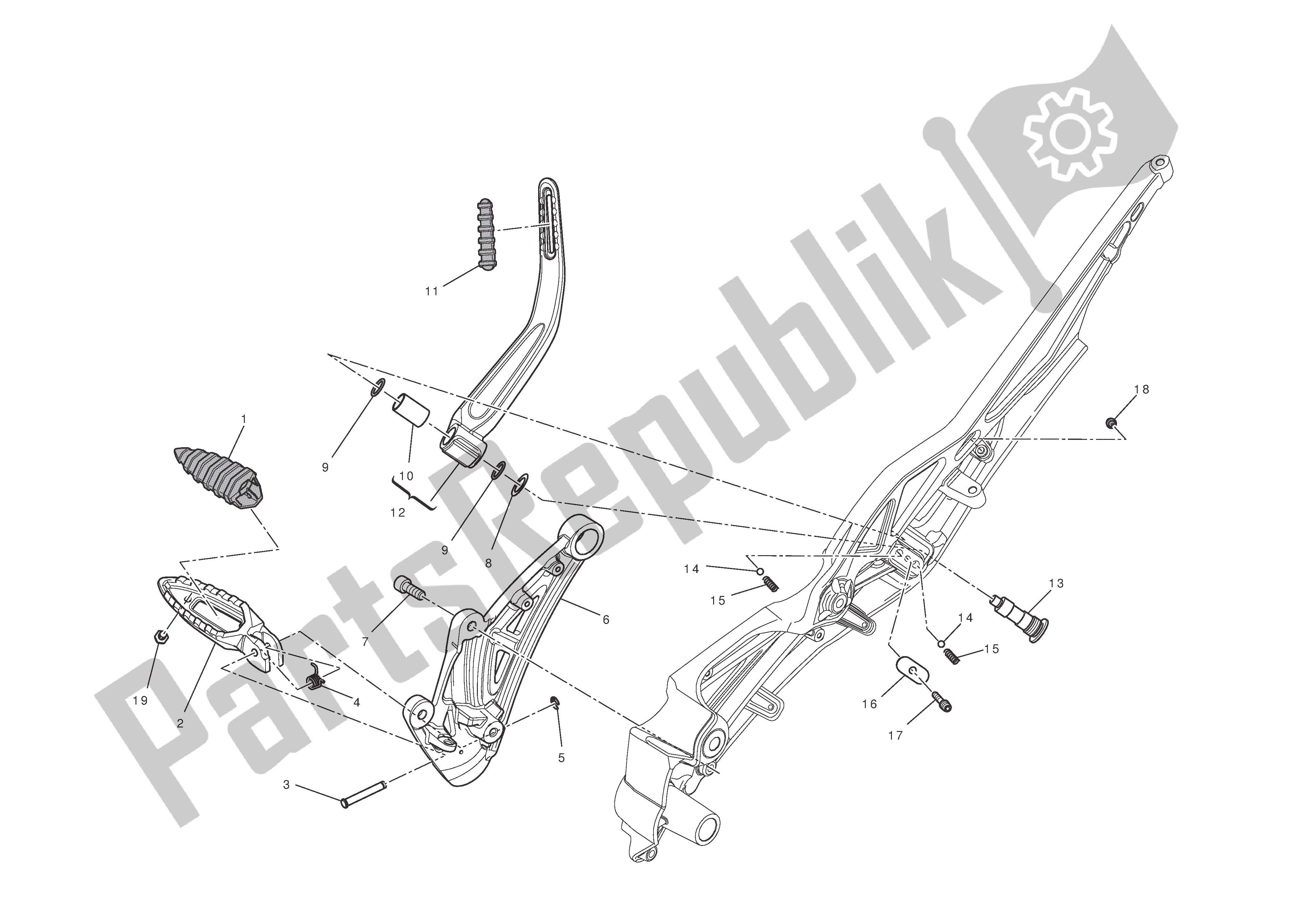 Alle onderdelen voor de R. H. Voetsteunen van de Ducati Diavel Carbon 1200 2011