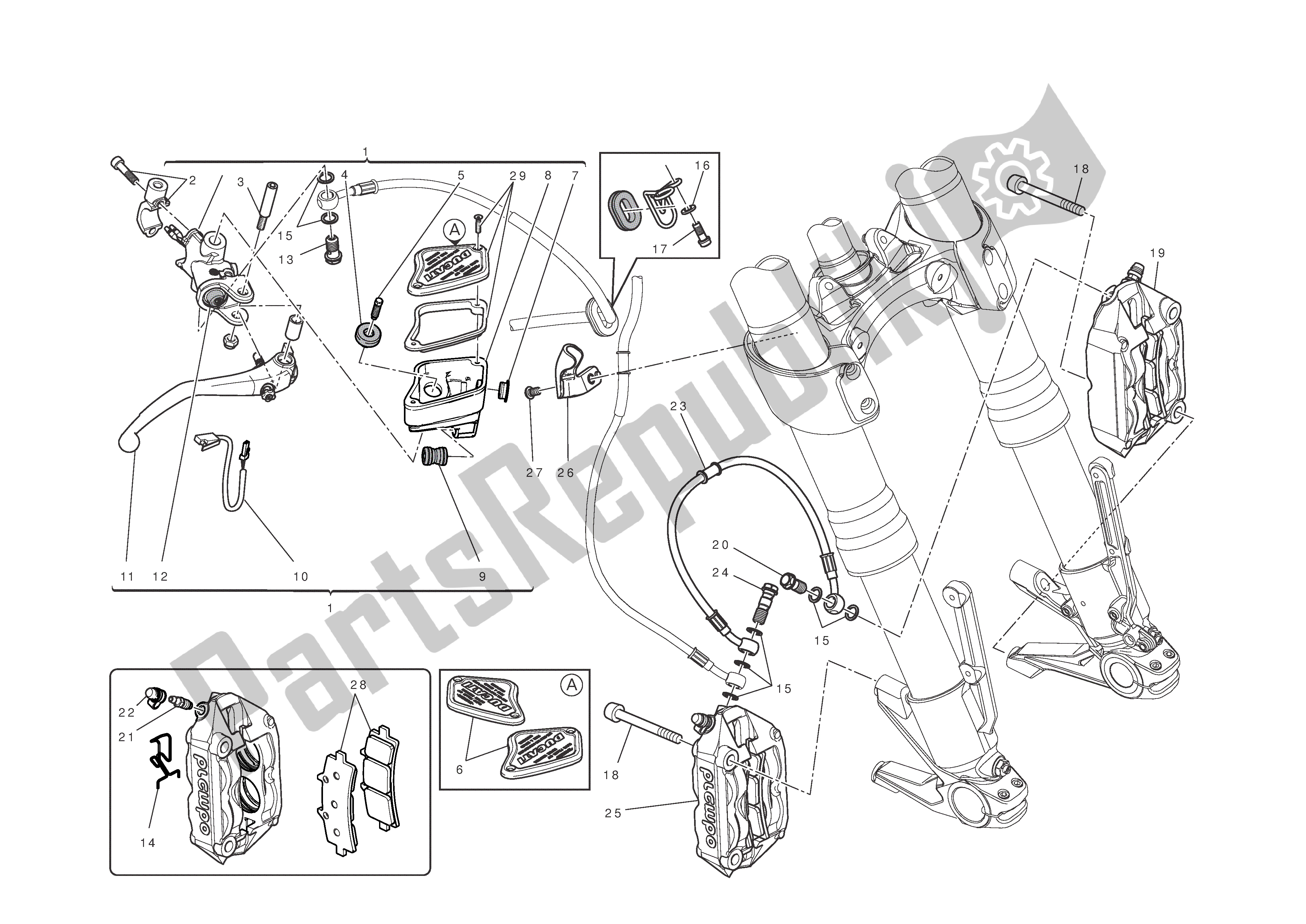 Alle onderdelen voor de Voor Rem van de Ducati Diavel Carbon 1200 2011