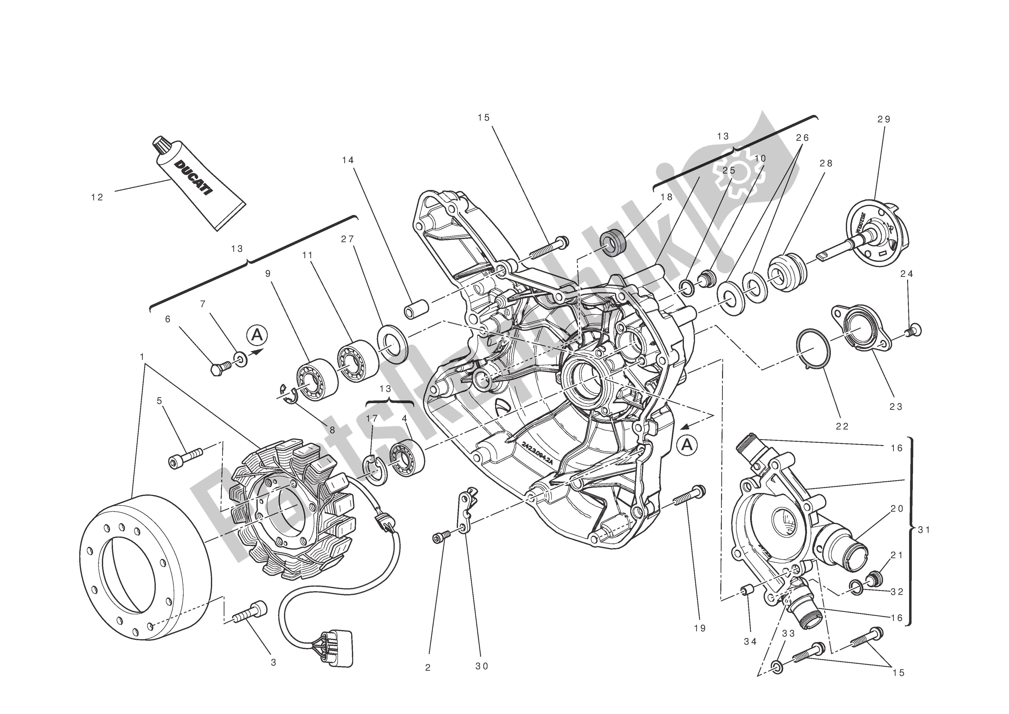 Alle onderdelen voor de Waterpomp-alt-zijde Carterdeksel van de Ducati Diavel Carbon 1200 2011