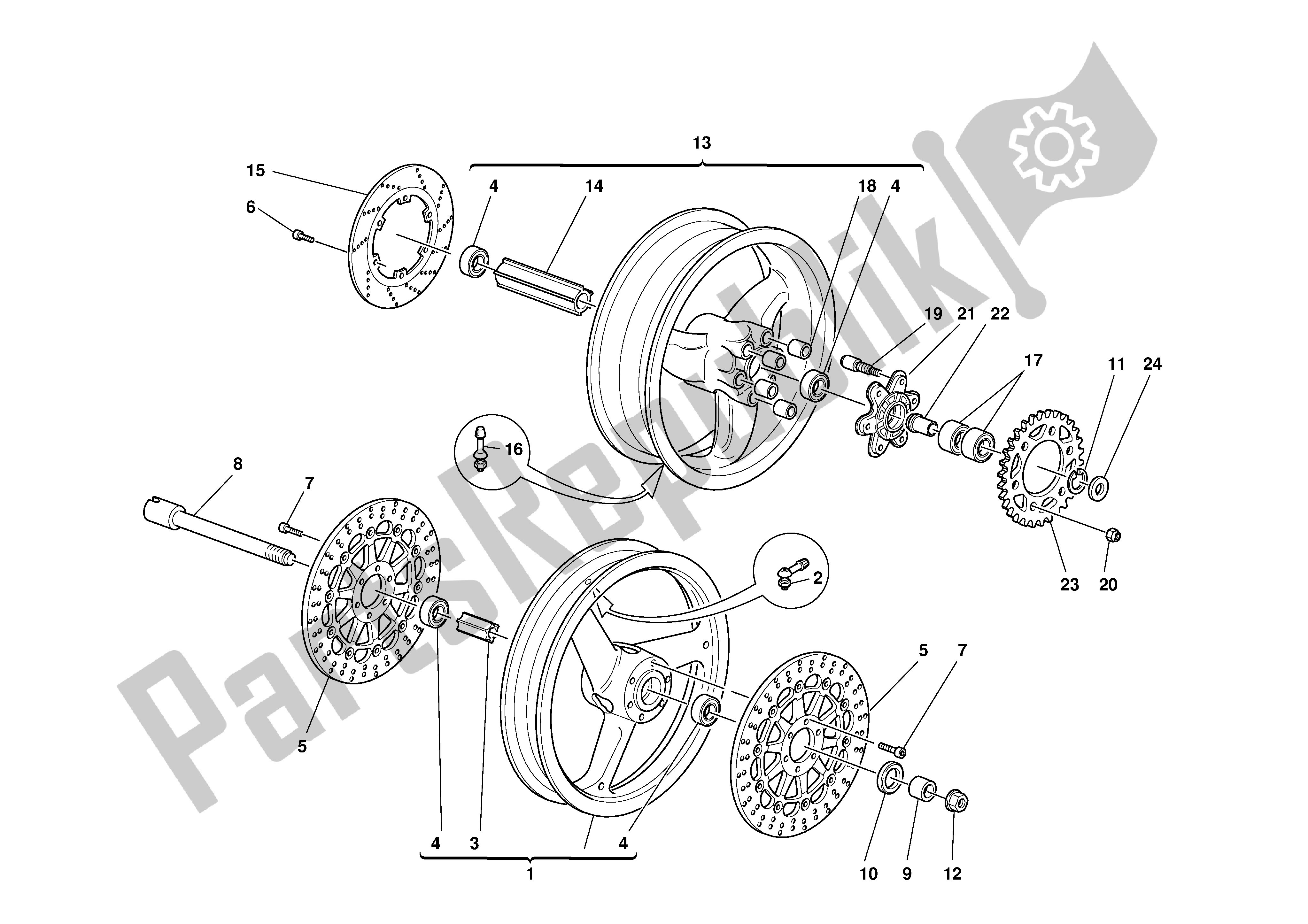 All parts for the Front And Rearwheels of the Ducati Monster S 1000 2003
