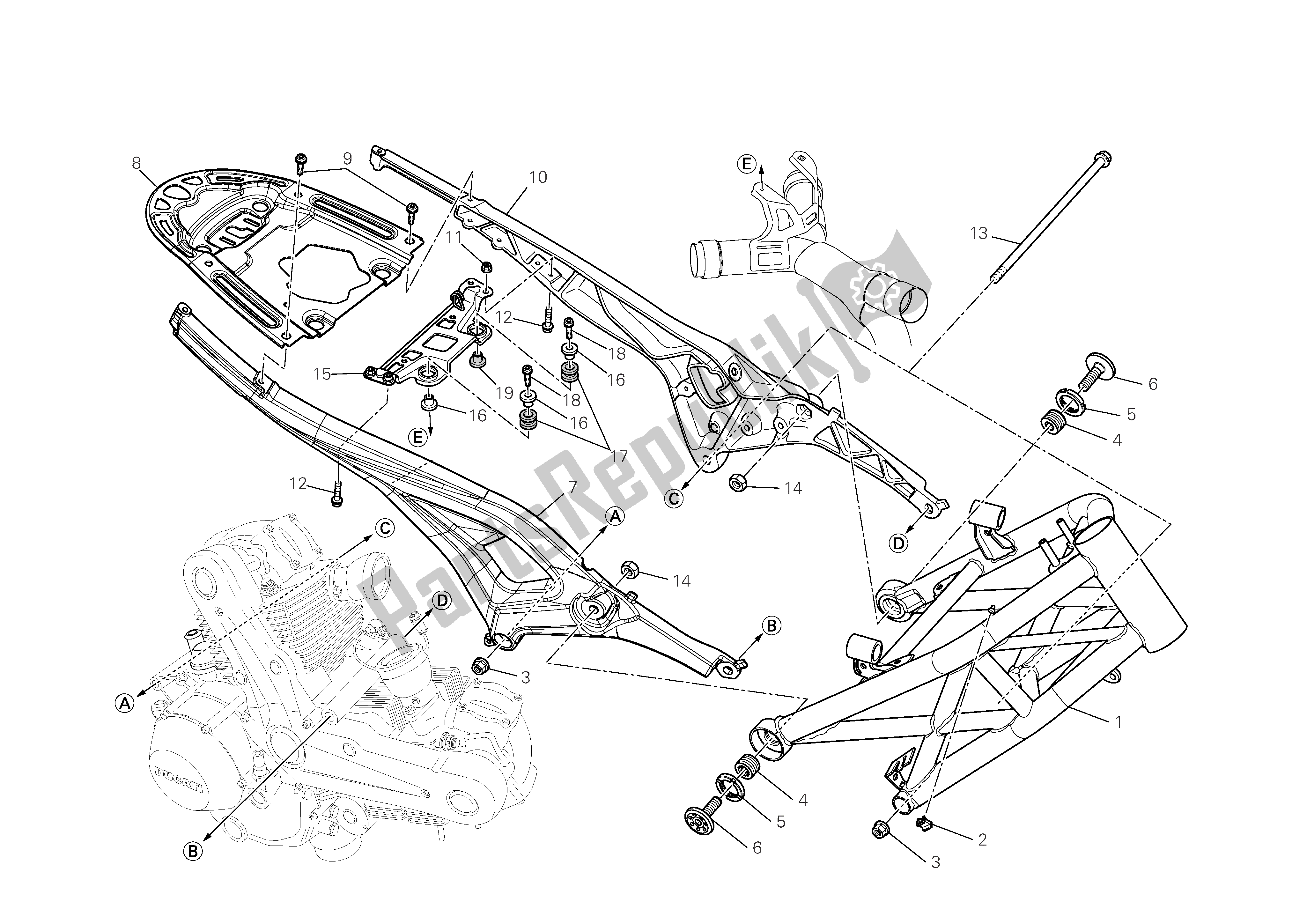 All parts for the Frame of the Ducati Monster 696 2009